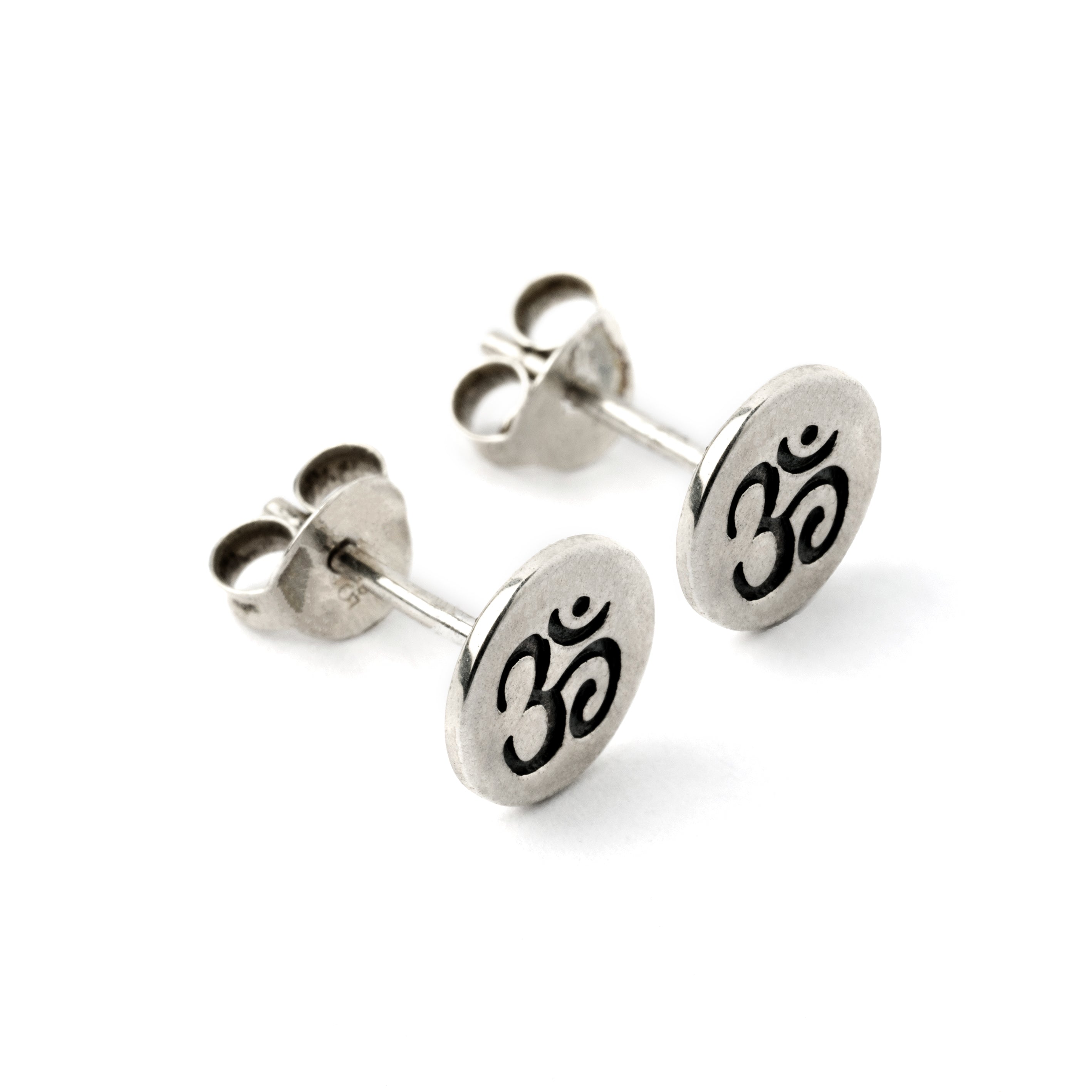 Silver Om Ear Studs left side view