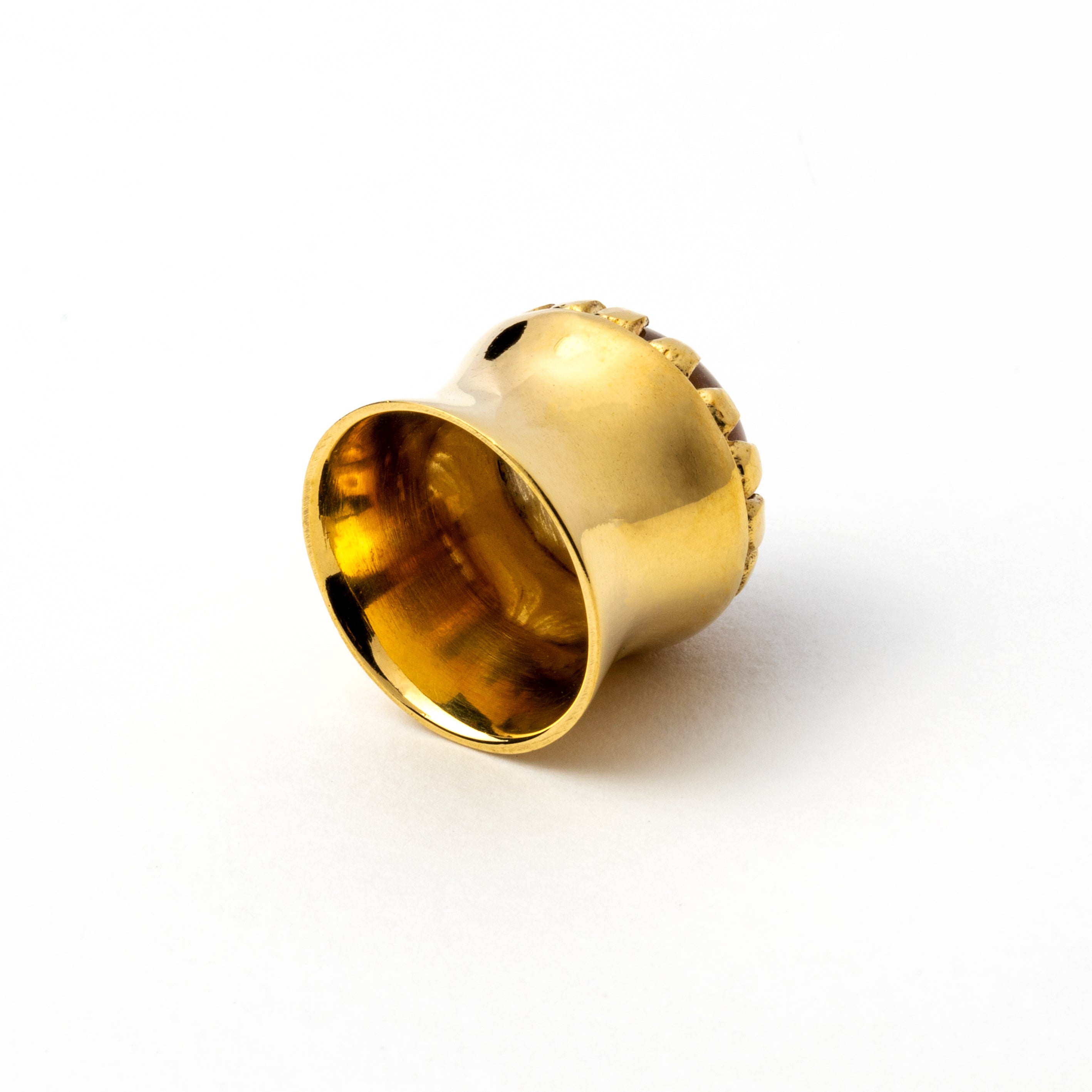 golden plug earring crown shaped with tiger eye glass back view