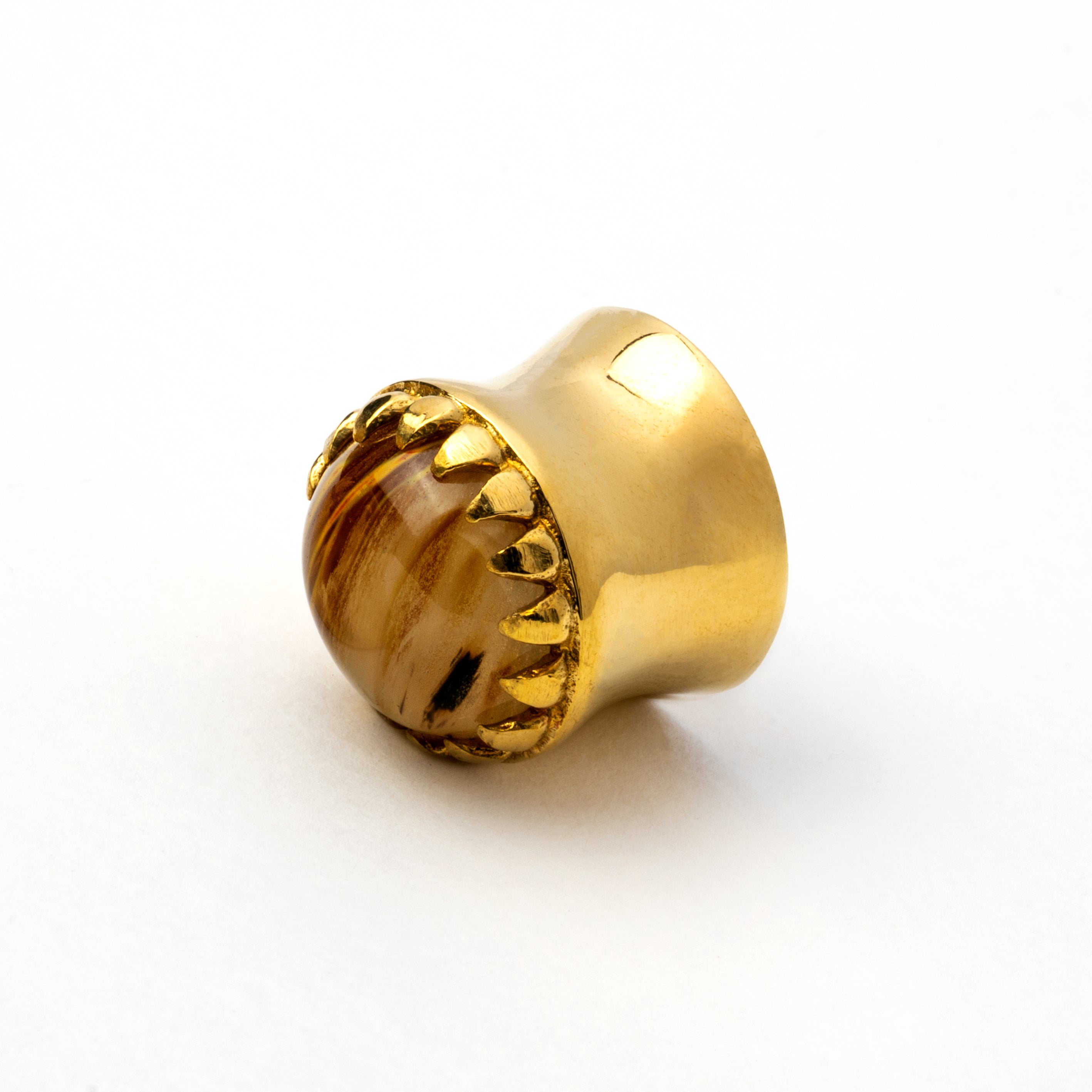golden plug earring crown shaped with tiger eye glass right view