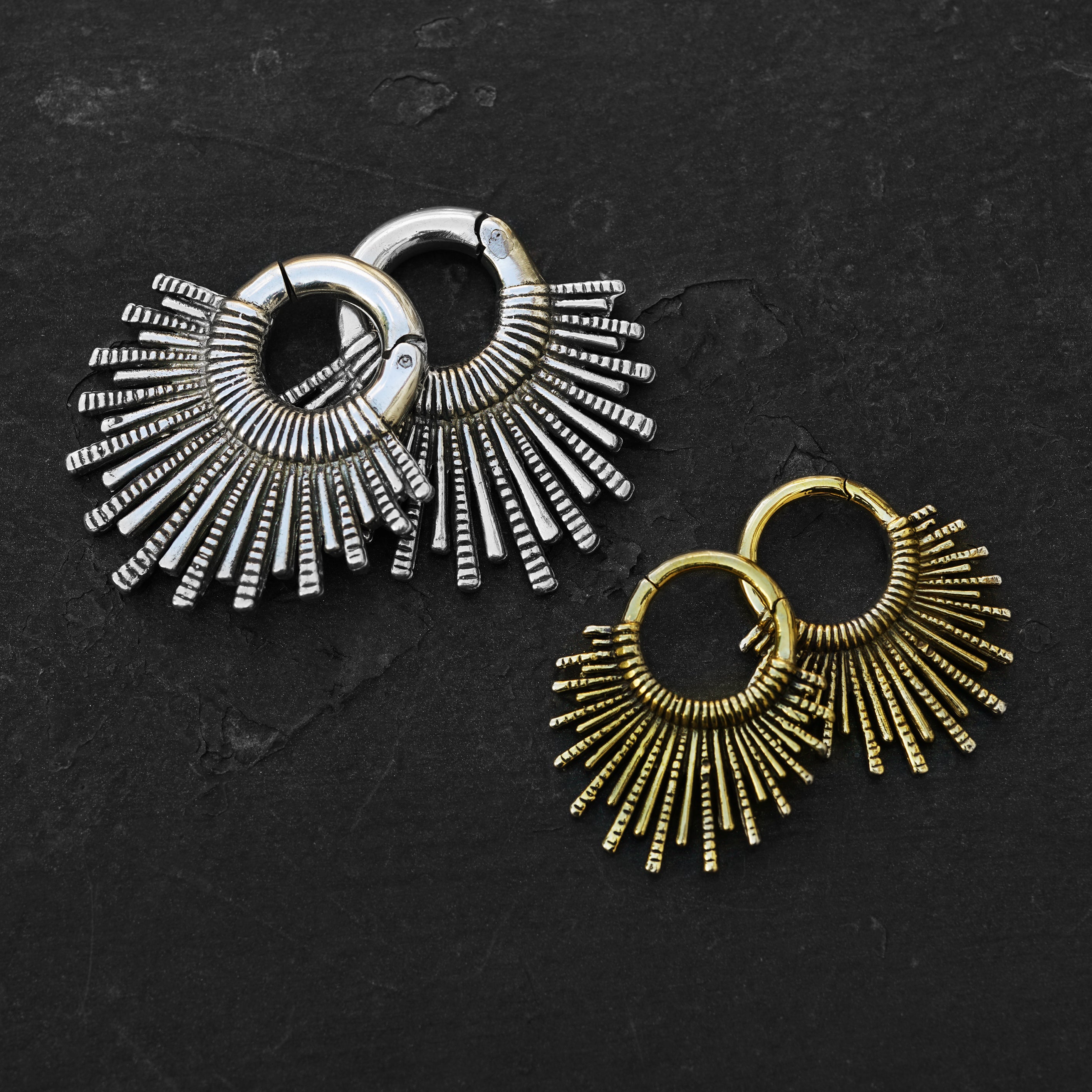 2mm & 4mm pairs of gold and silver brass tribal sun hoops hangers frontal view