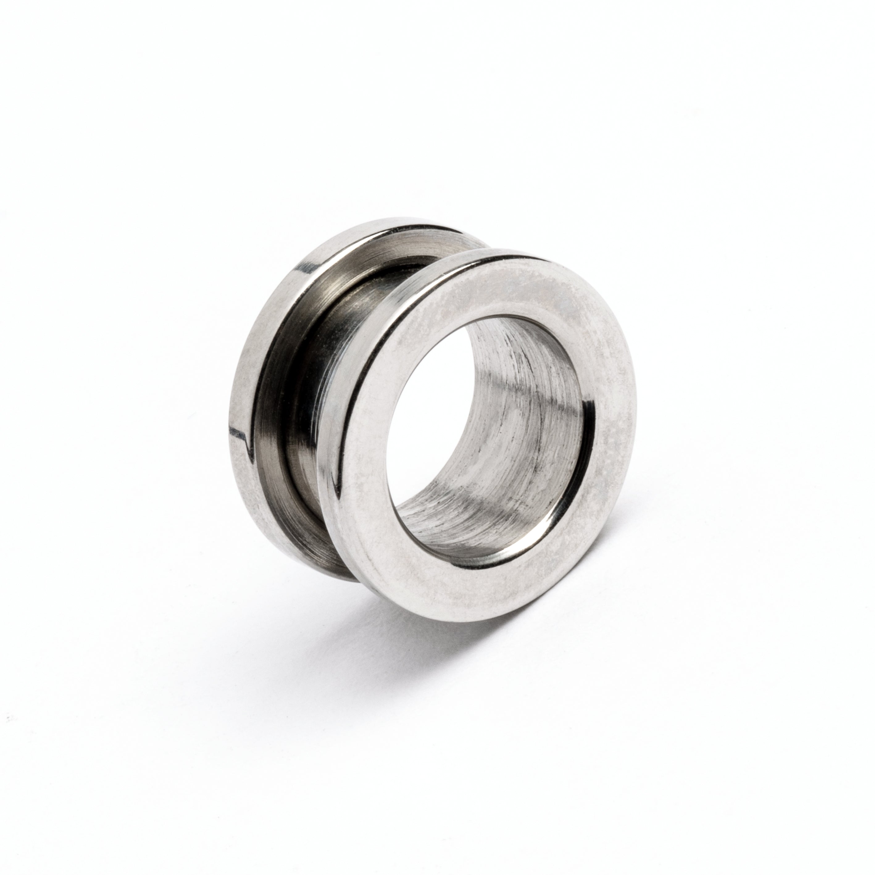 single surgical steel ear tunnel with double flared ends right front view