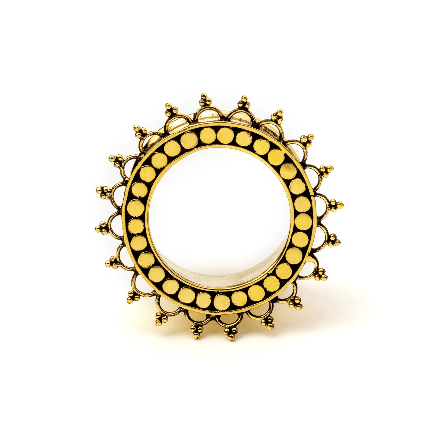 golden brass tribal flower ear tunnel frontal view