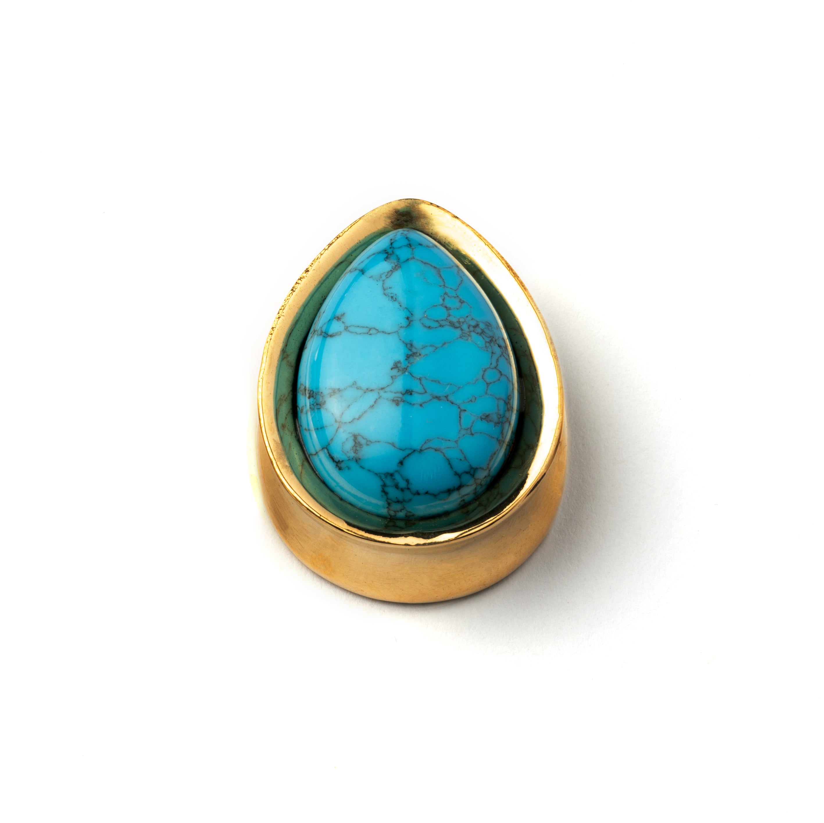 Golden brass teardrop Turquoise ear plug frontal view