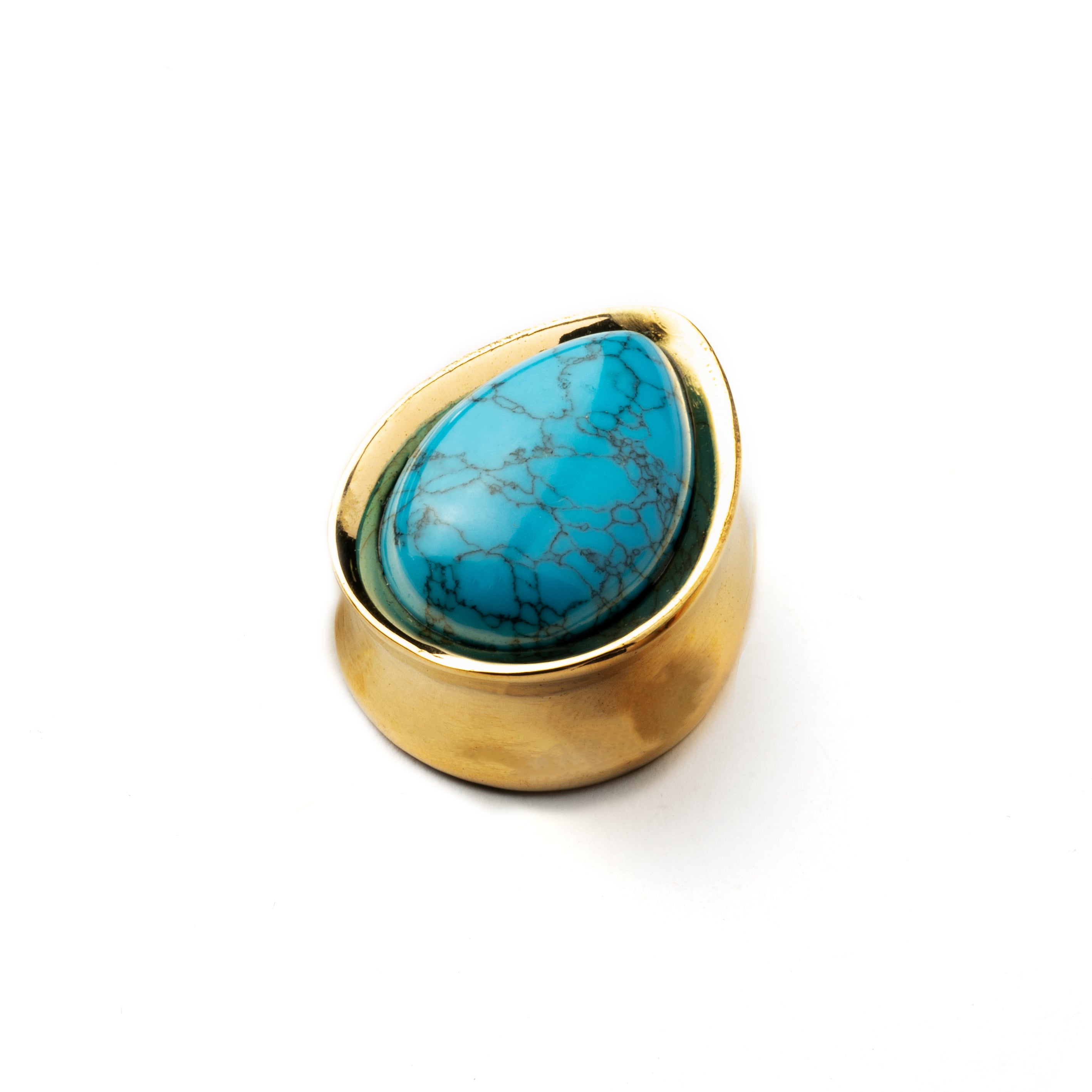 Golden brass teardrop Turquoise ear plug right side view