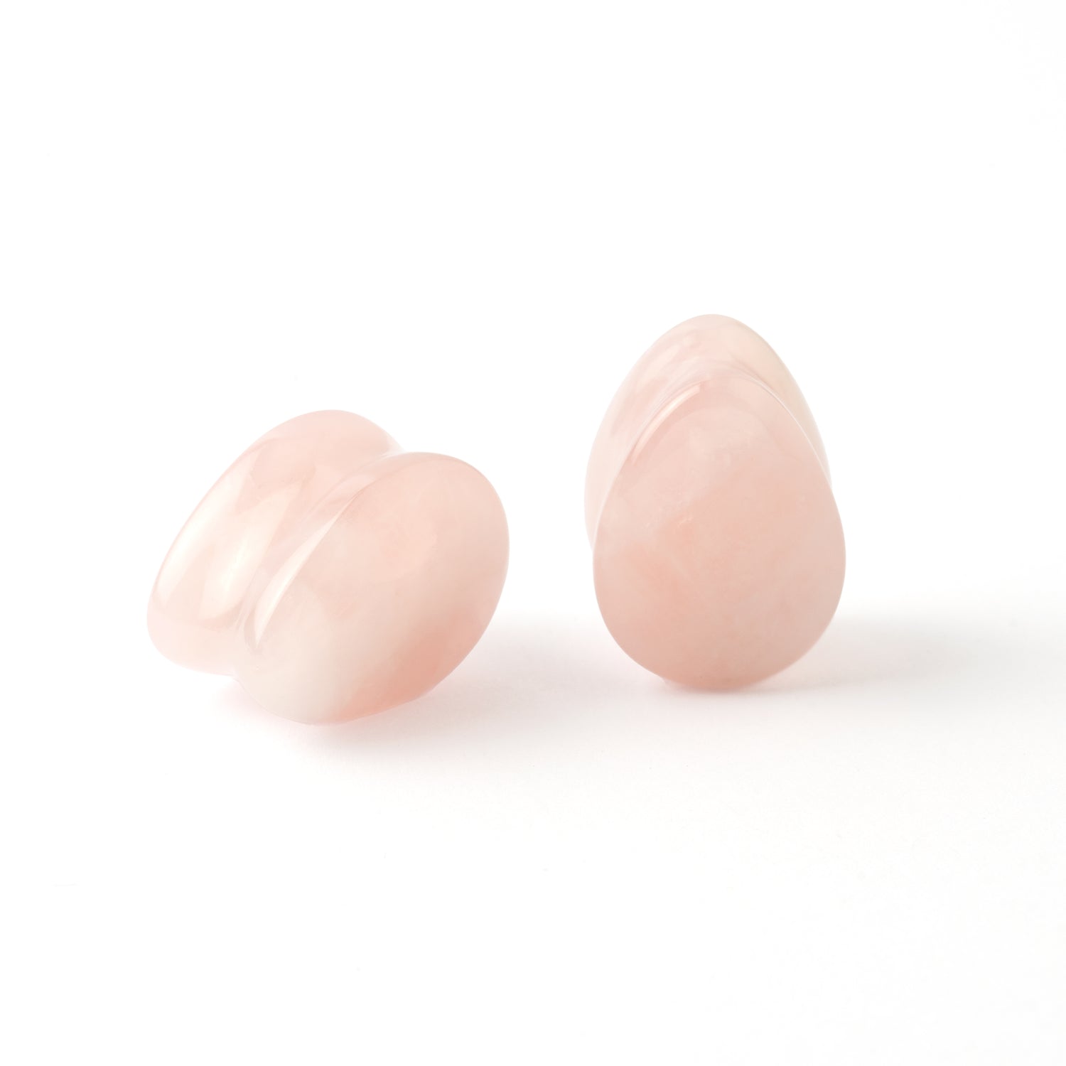 Teardrop Rose Quartz stone Plugs front and side view