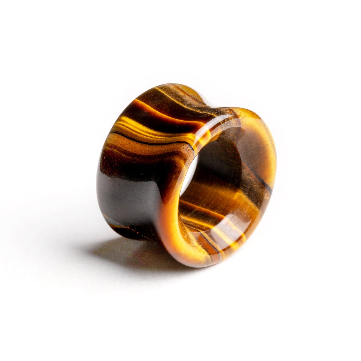 single Tiger Eye double flare stone ear tunnel side view