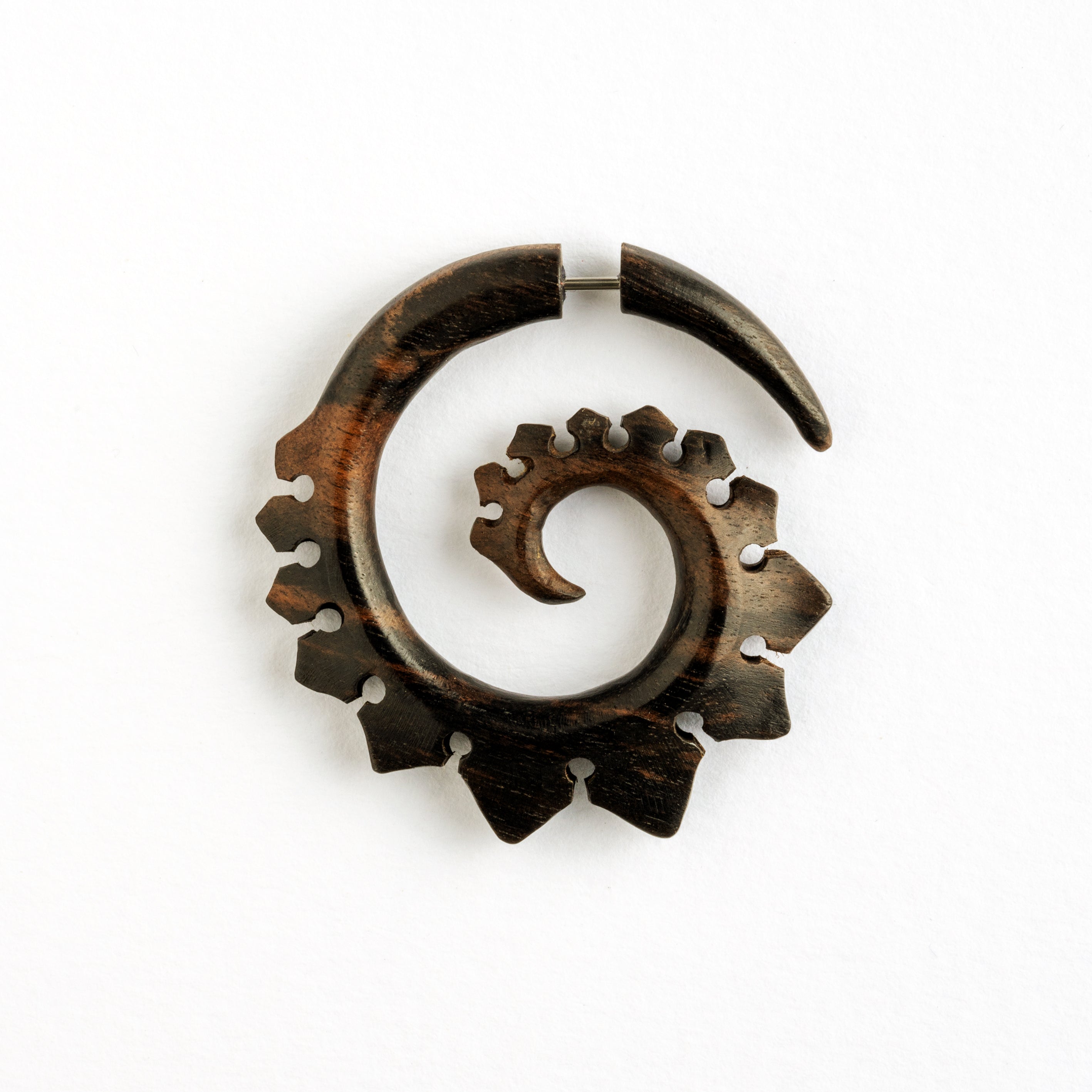 Tipu Blackwood spiral Fake Gauge Earring frontal view