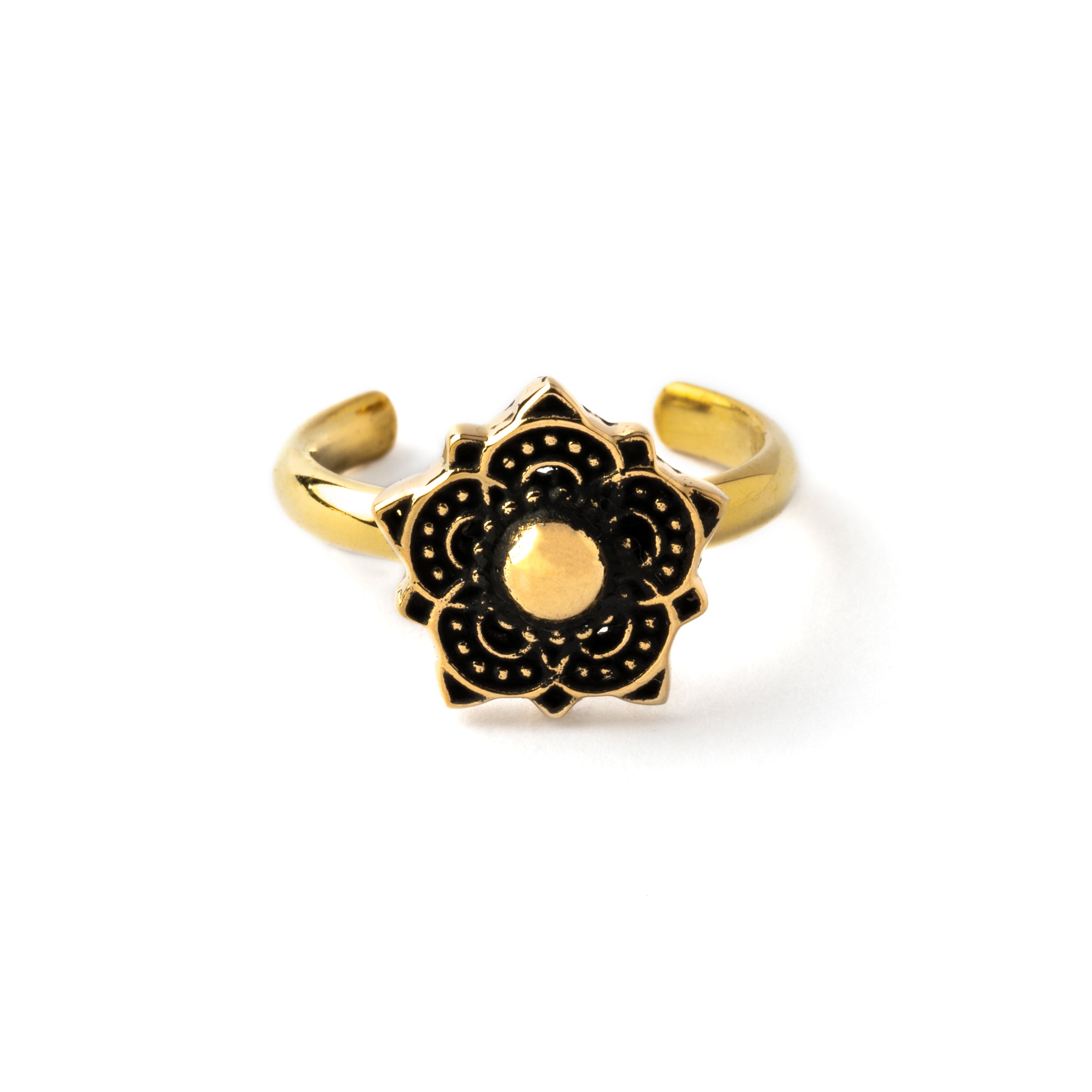 golden brass Tribal flower toe ring frontal view