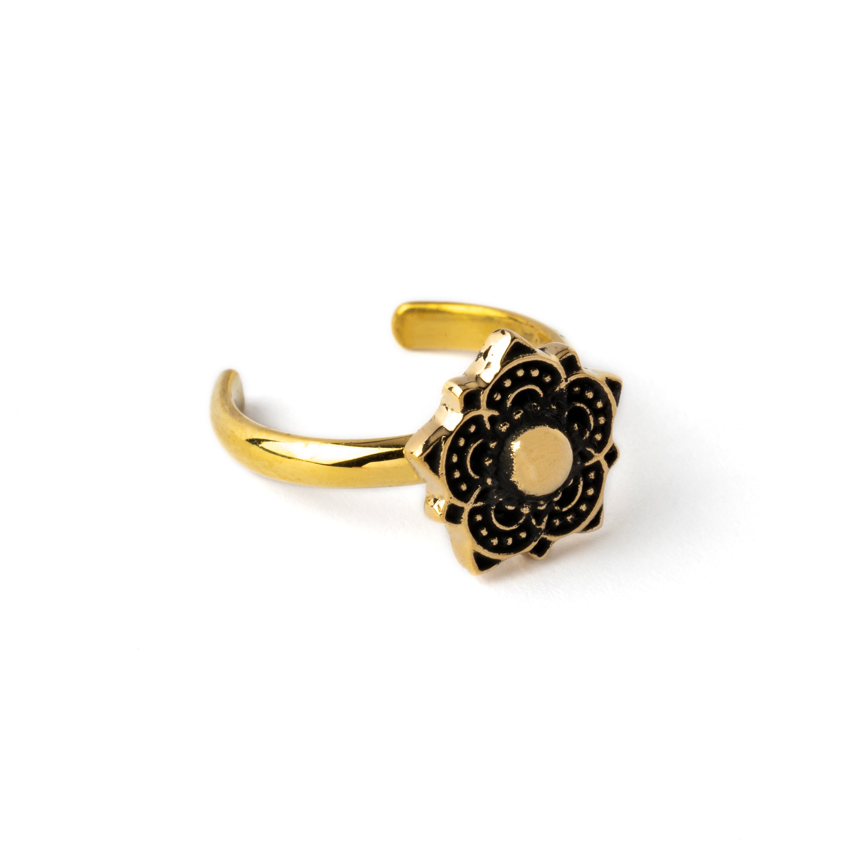 golden brass Tribal flower toe ring right side view
