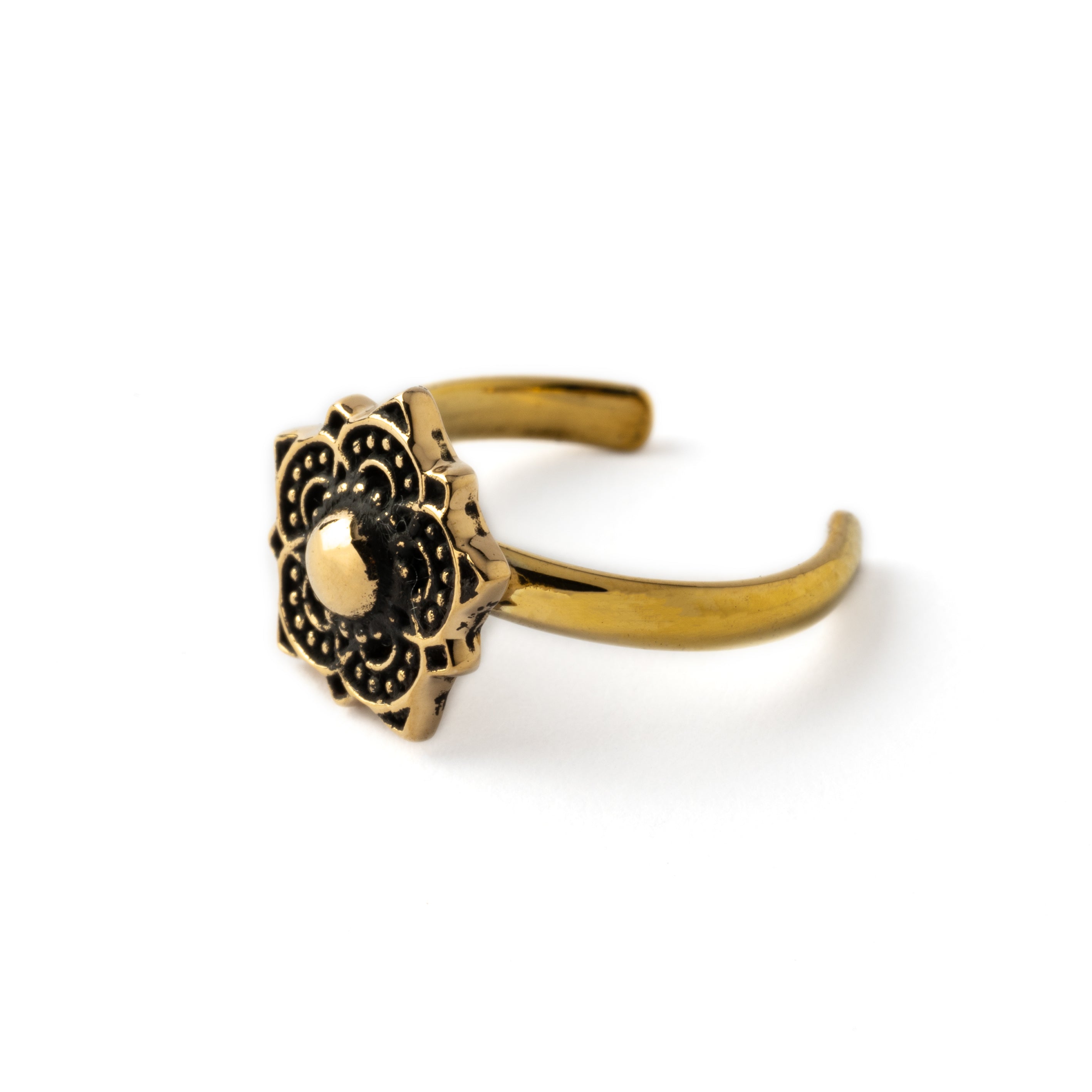 golden brass Tribal flower toe ring left side view