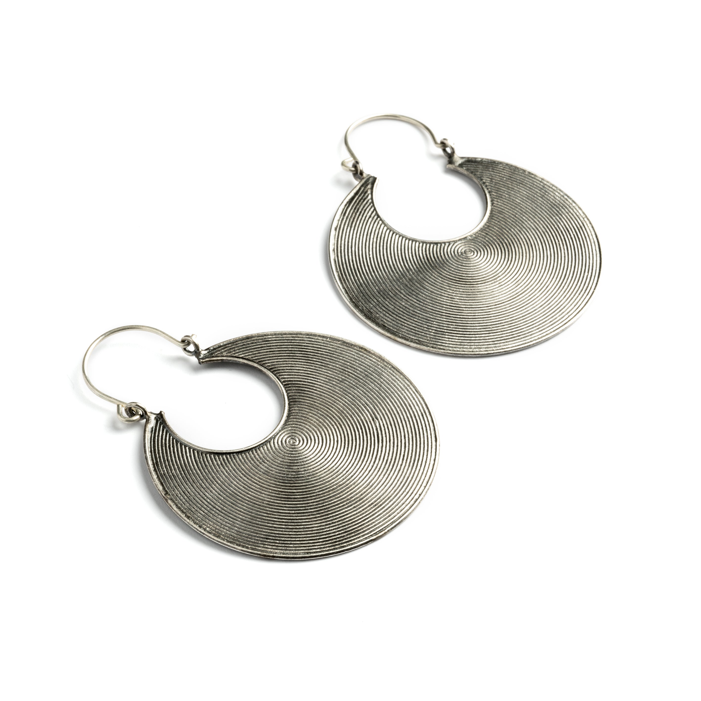Tribal Silver Disc Hoops left side view