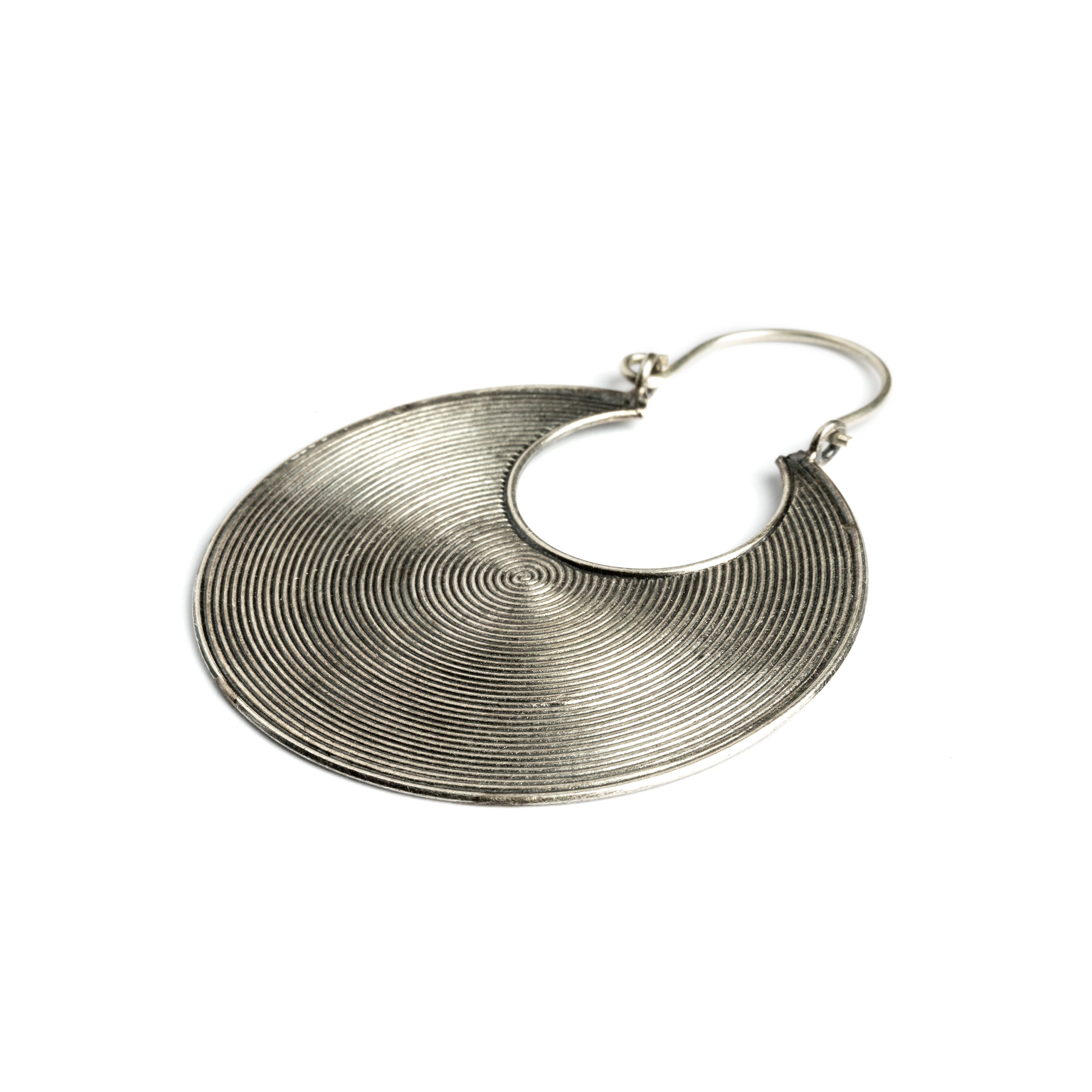 Tribal Silver Disc Hoops side close up view