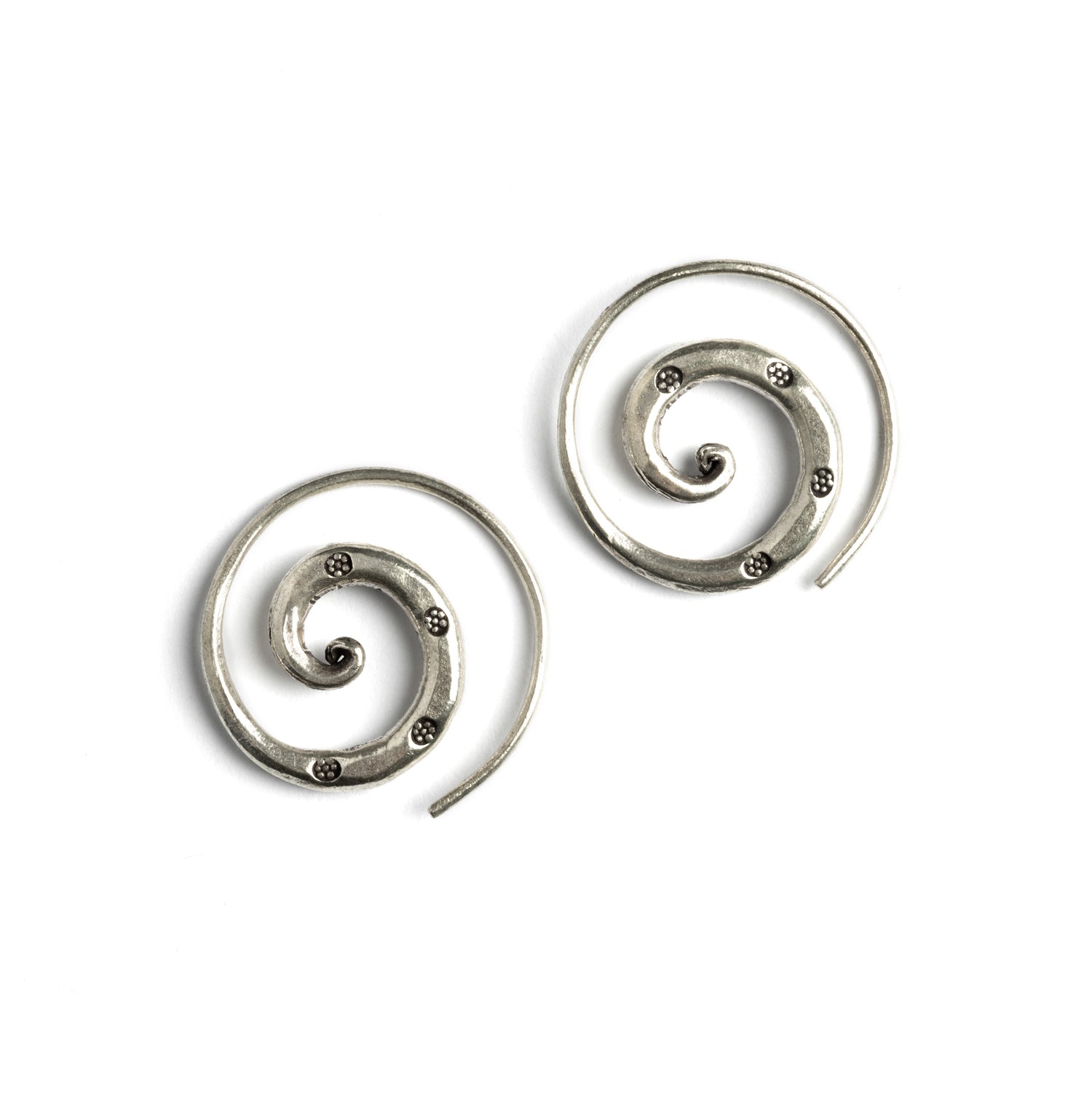 Stamped Silver Spiral Earrings frontal view