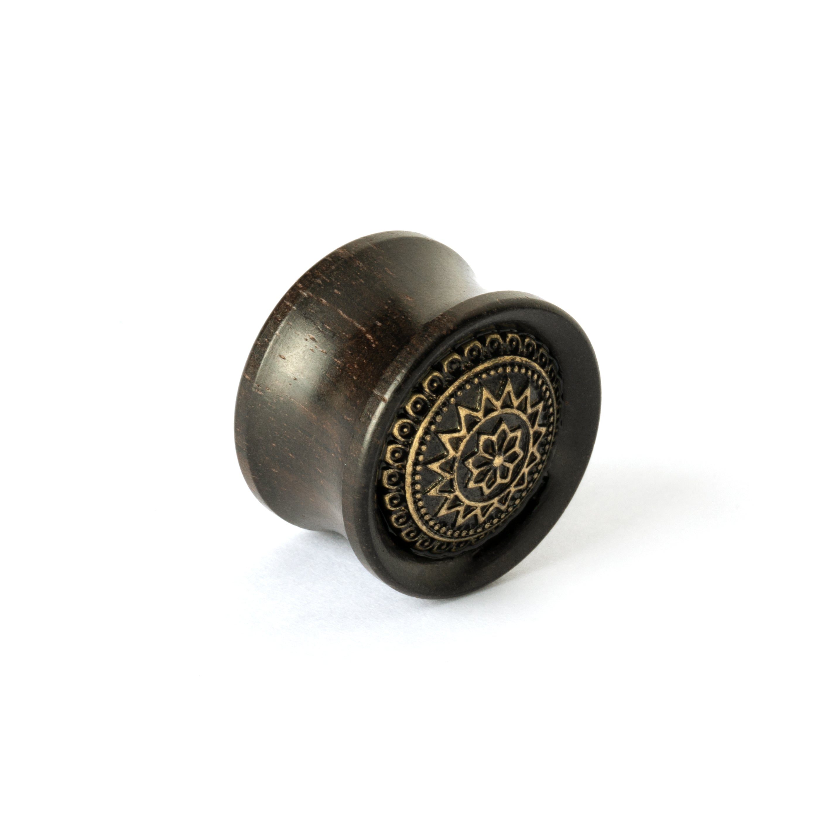 ebony wood ear plug with brass tribal flower ornament right side view