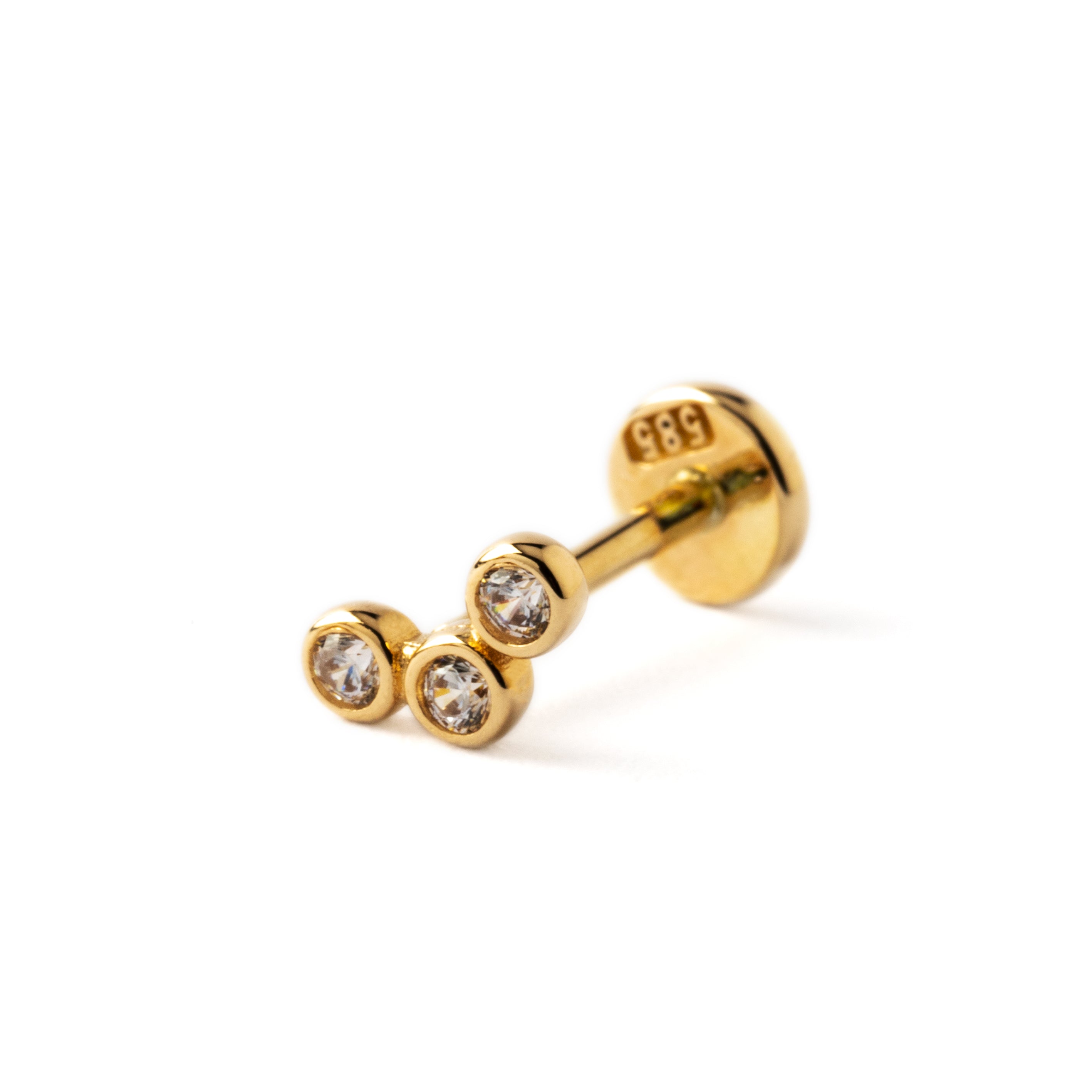 14k Gold labret with three Cubic Zirconias right side view