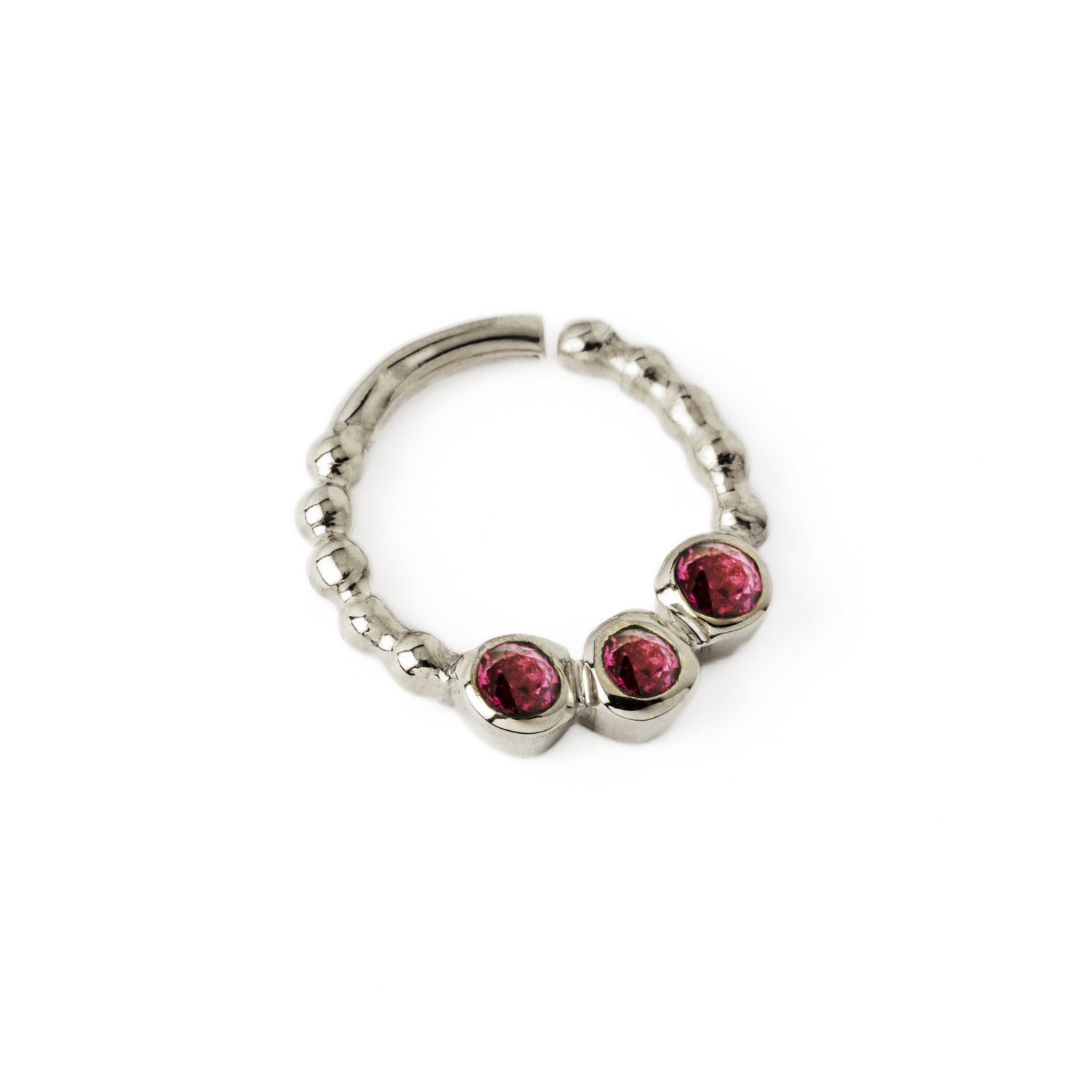 sterling silver dotted septum ring with three Garnet gemstones right side view