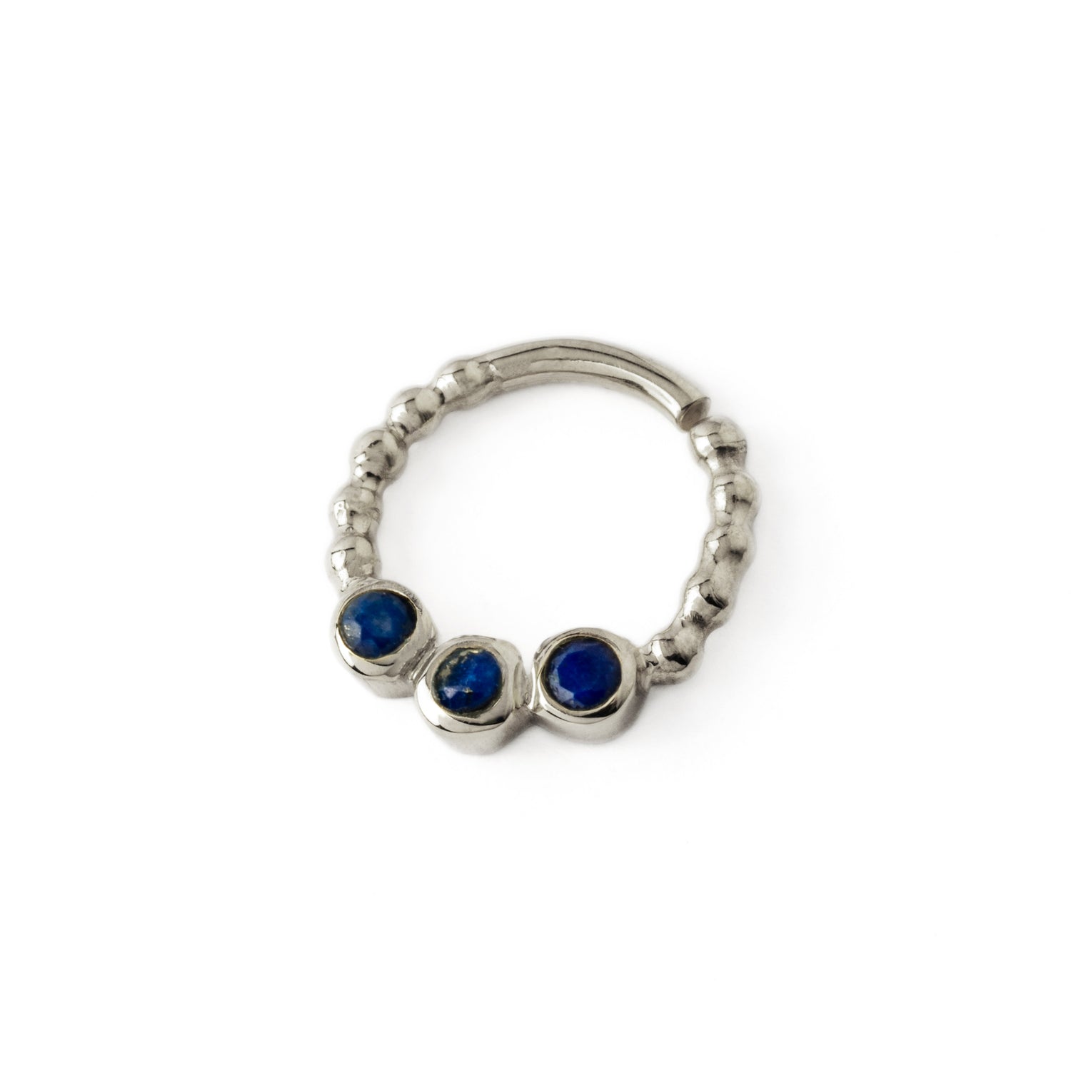 sterling silver dotted septum ring with three Lapis Lazuli gemstones left side view