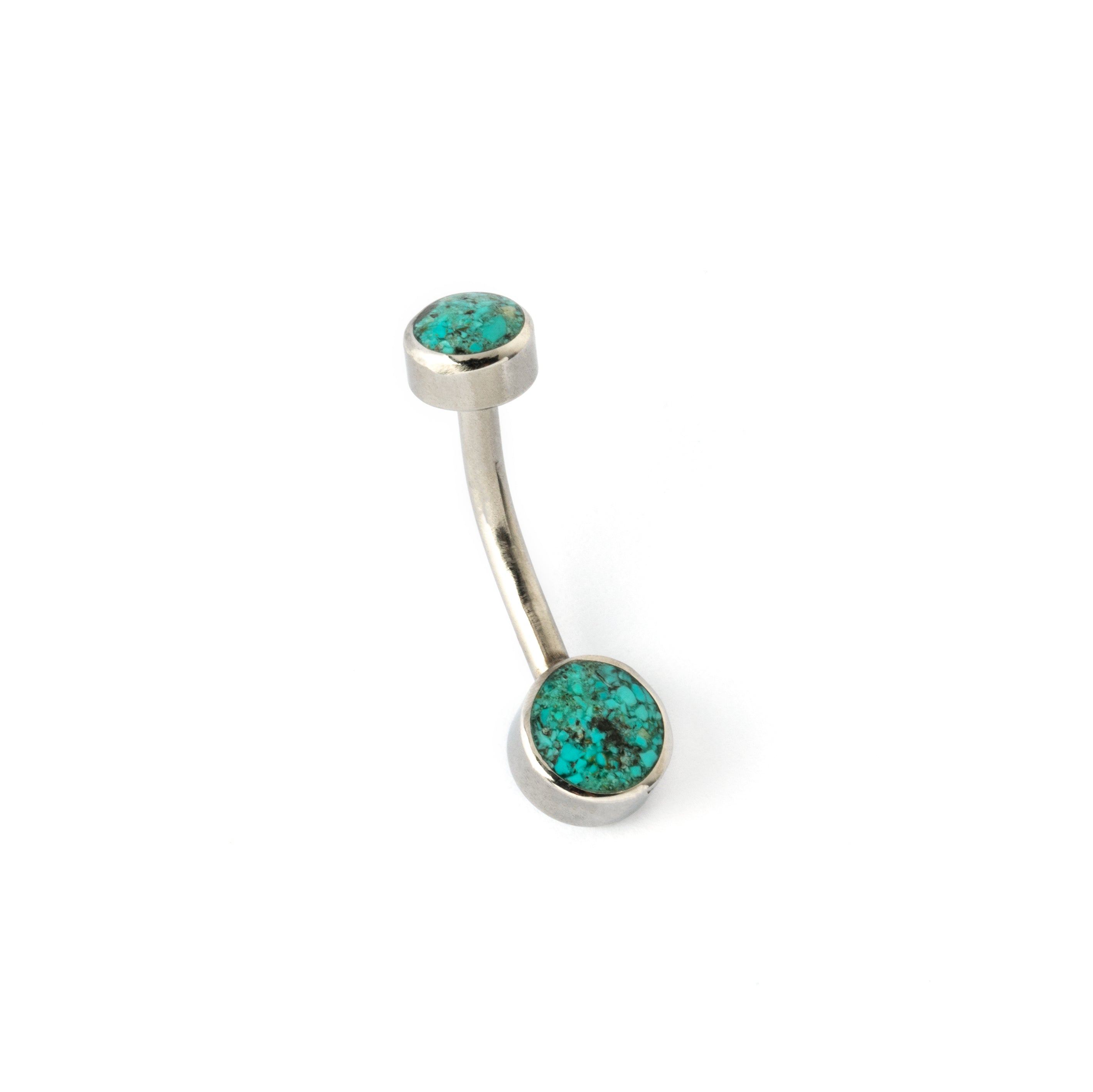surgical steel navel bar with two turquoise stone discs on the top and the bottom
