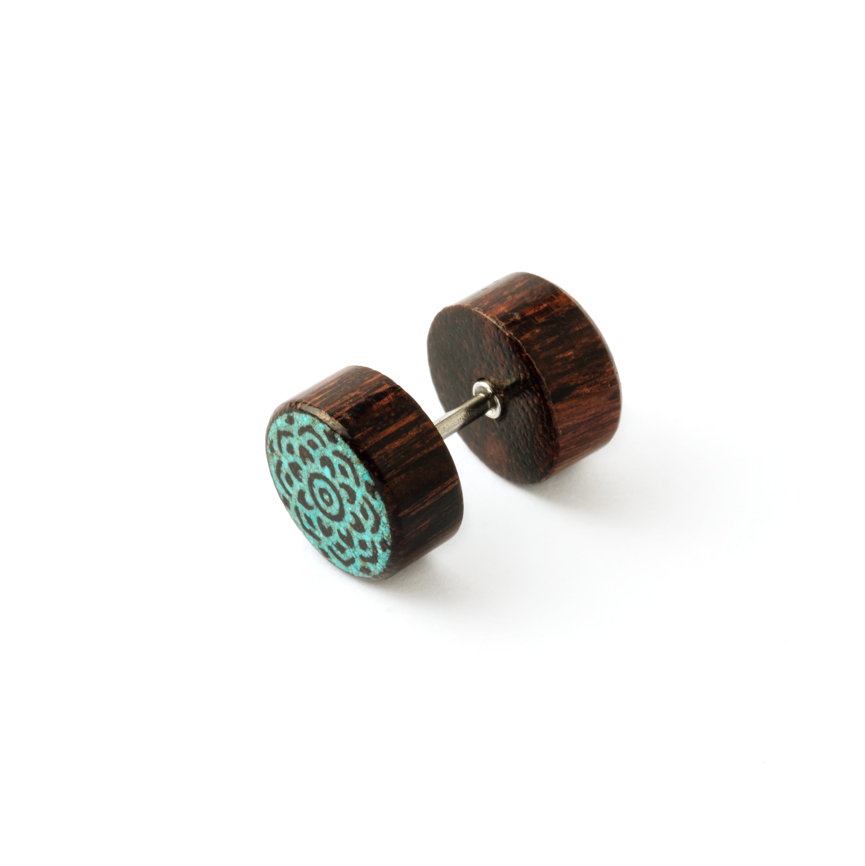 single Turquoise Mandala fake plug earring right side view