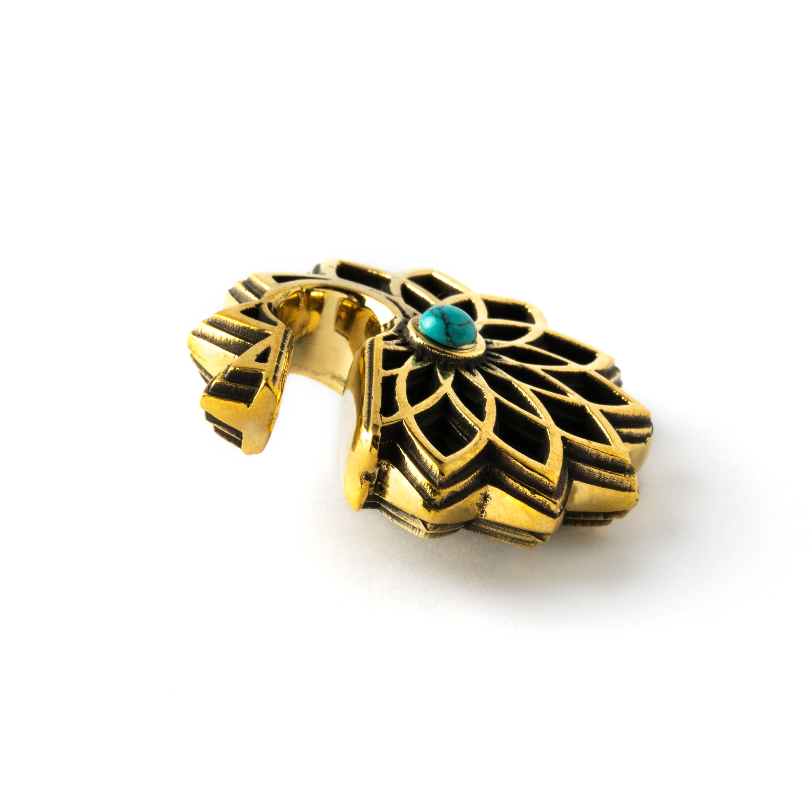 single antique gold colour geometric flower ear weights hangers with turquoise side view