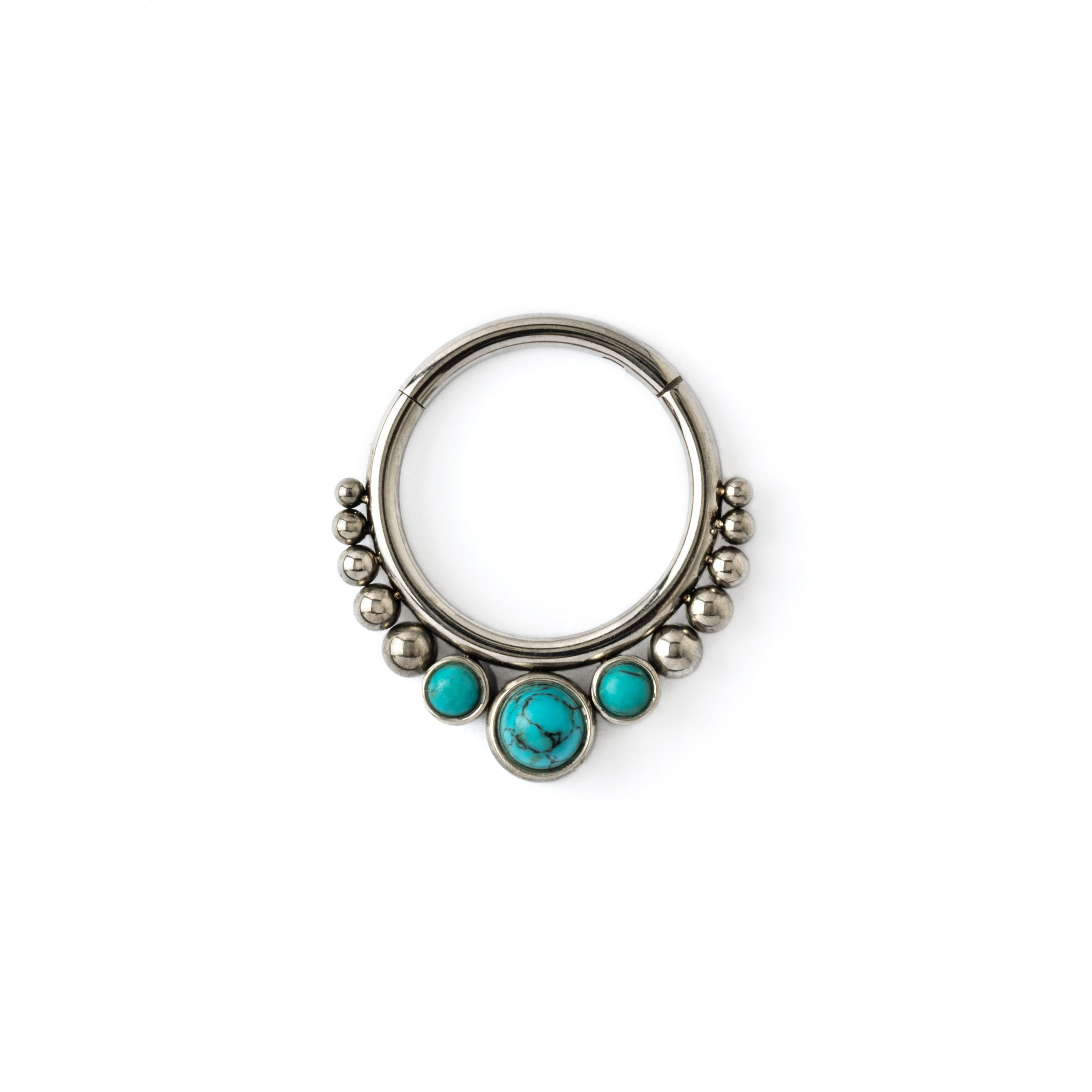 Surgical steel septum clicker ring with Turquoise frontal view