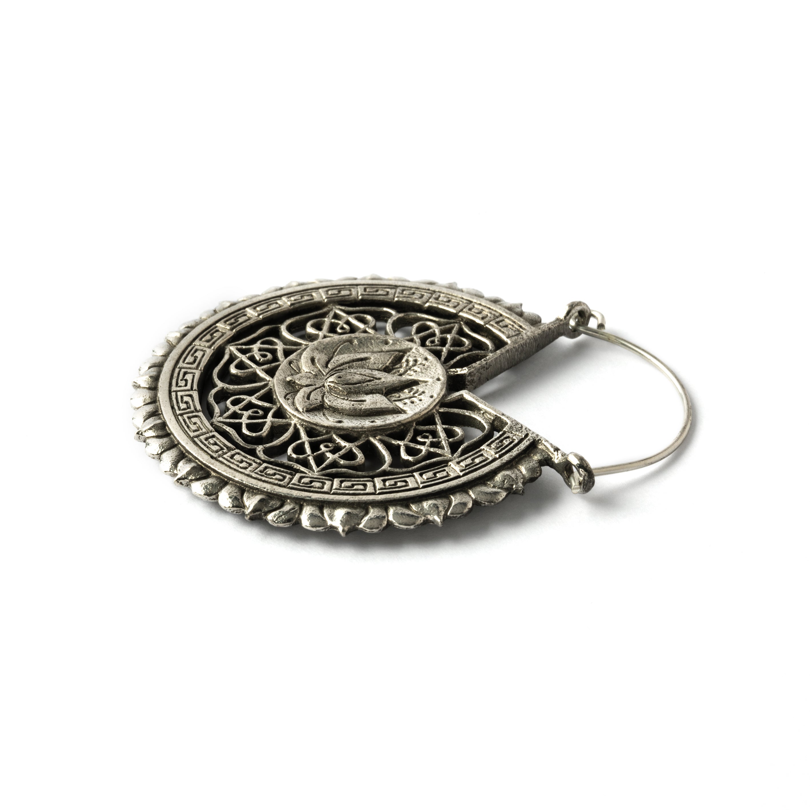 single white brass intricate carved lotus round earring right side view