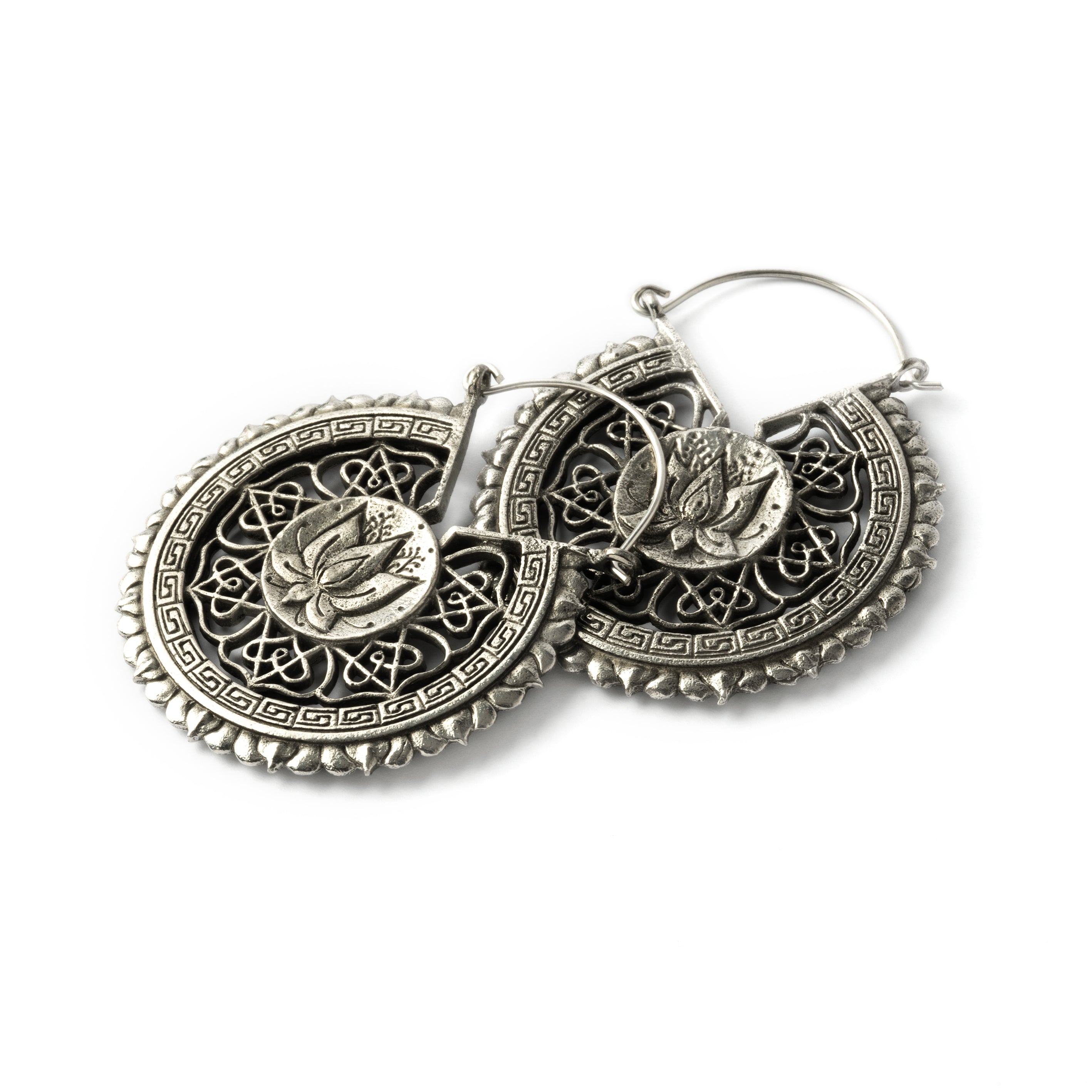pair of white brass intricate carved lotus round earrings right side view