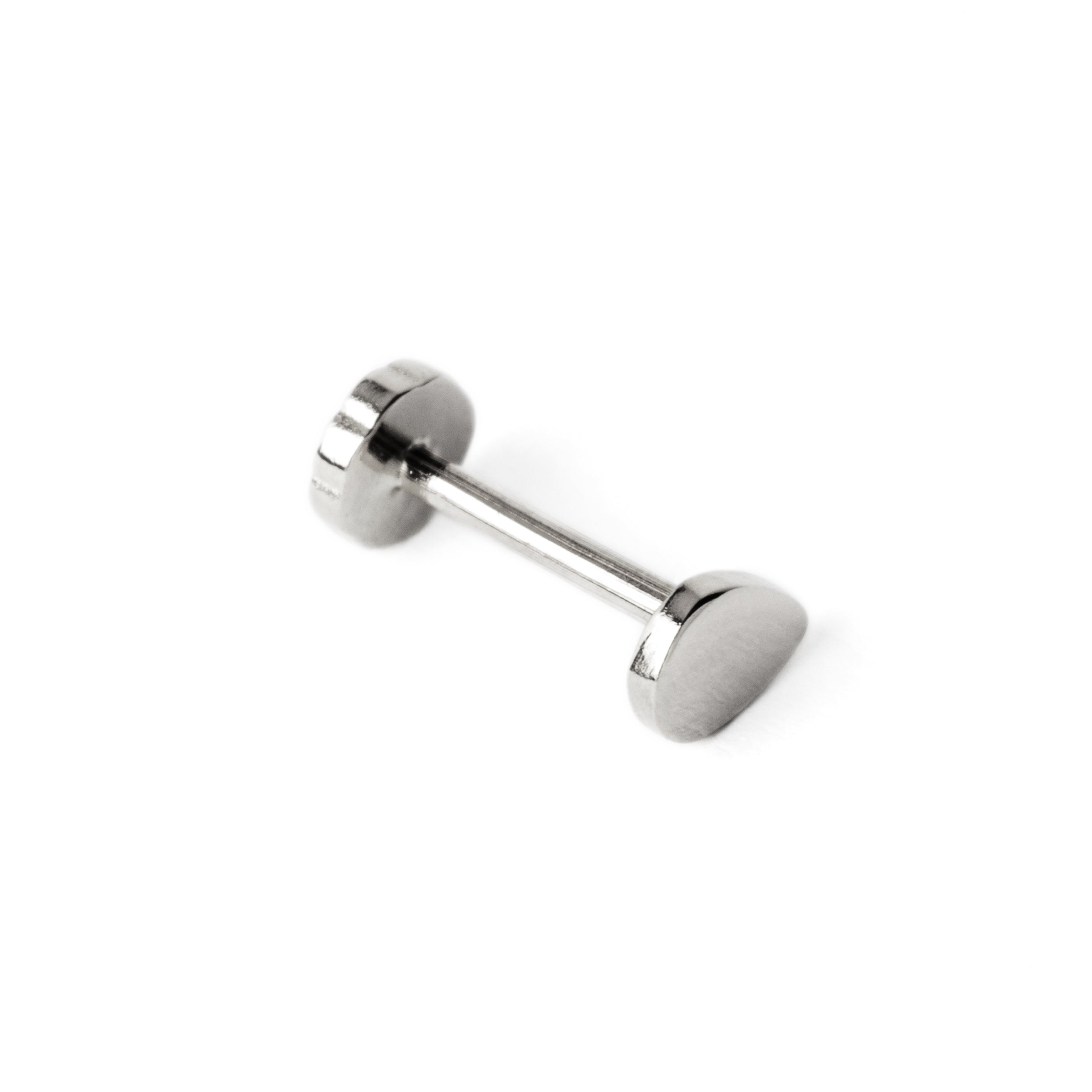 14k white Gold internally threaded screw back earring 1.2mm (16g), 8mm, teardrop labret stud left side view