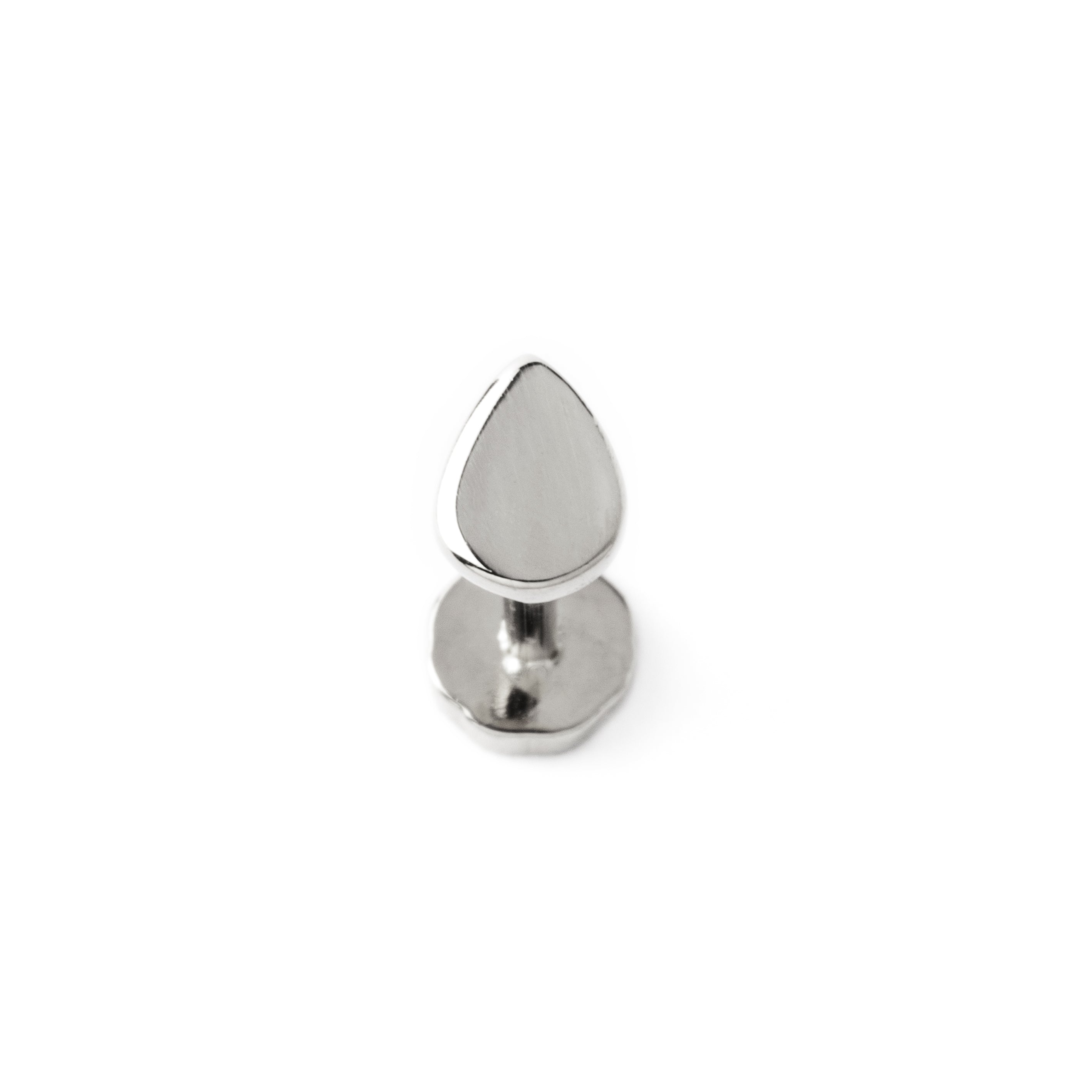 14k white Gold internally threaded screw back earring 1.2mm (16g), 8mm, teardrop labret stud frontal view