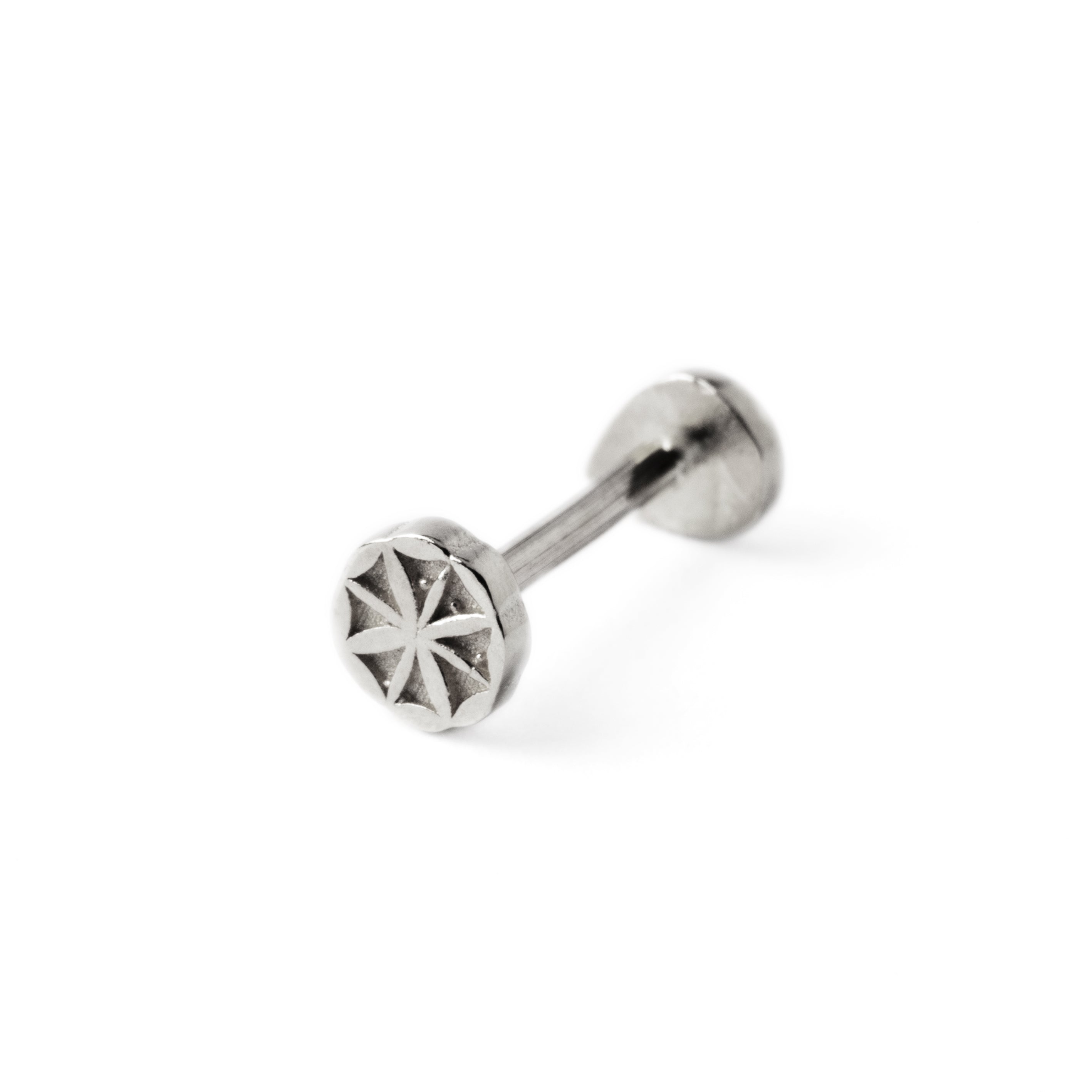 14k white Gold internally threaded screw back earring 1.2mm (16g), 8mm, teardrop labret stud back side view