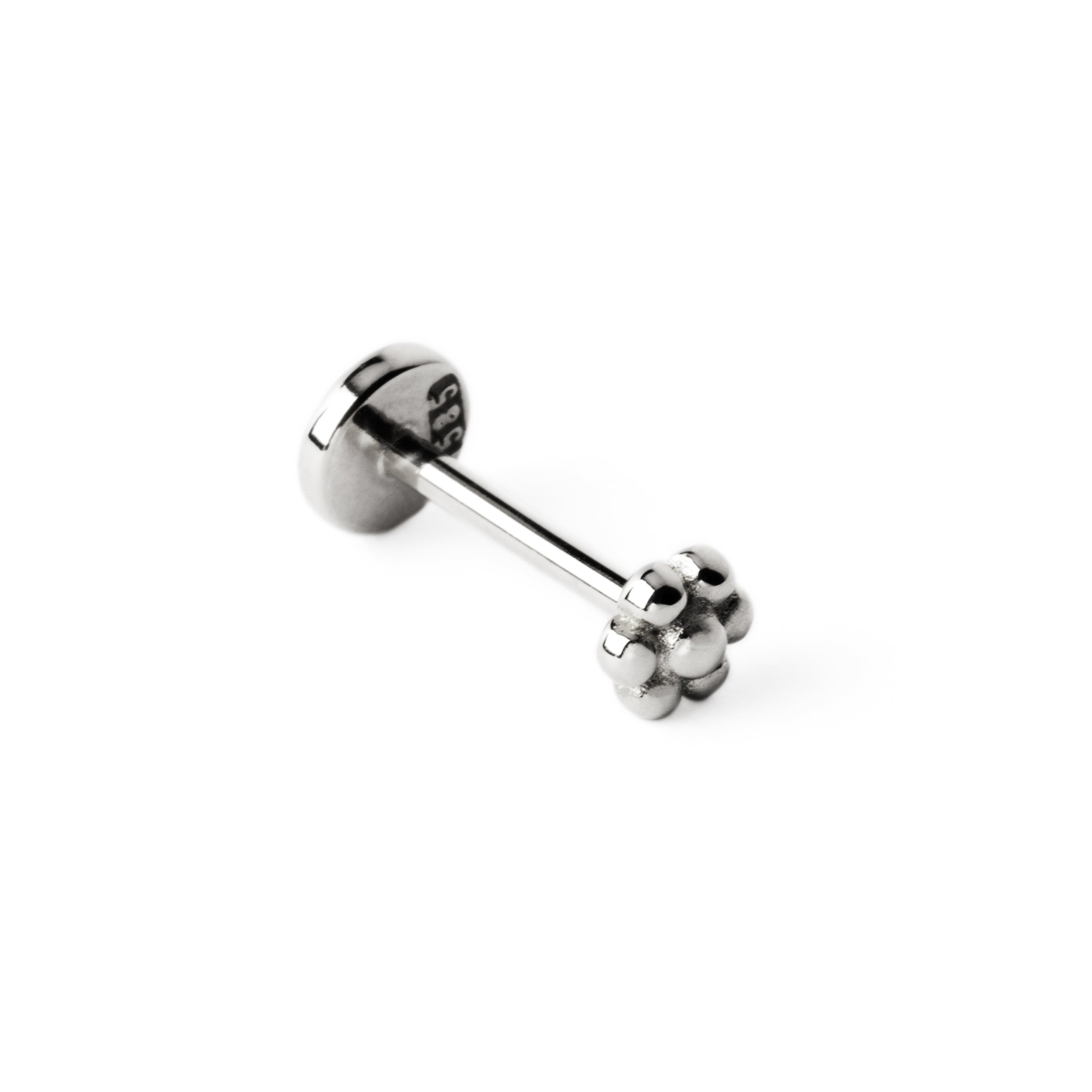 14k white Gold internally threaded screw back earring 1.2mm (16g), 8mm, dots flower labret stud left side view