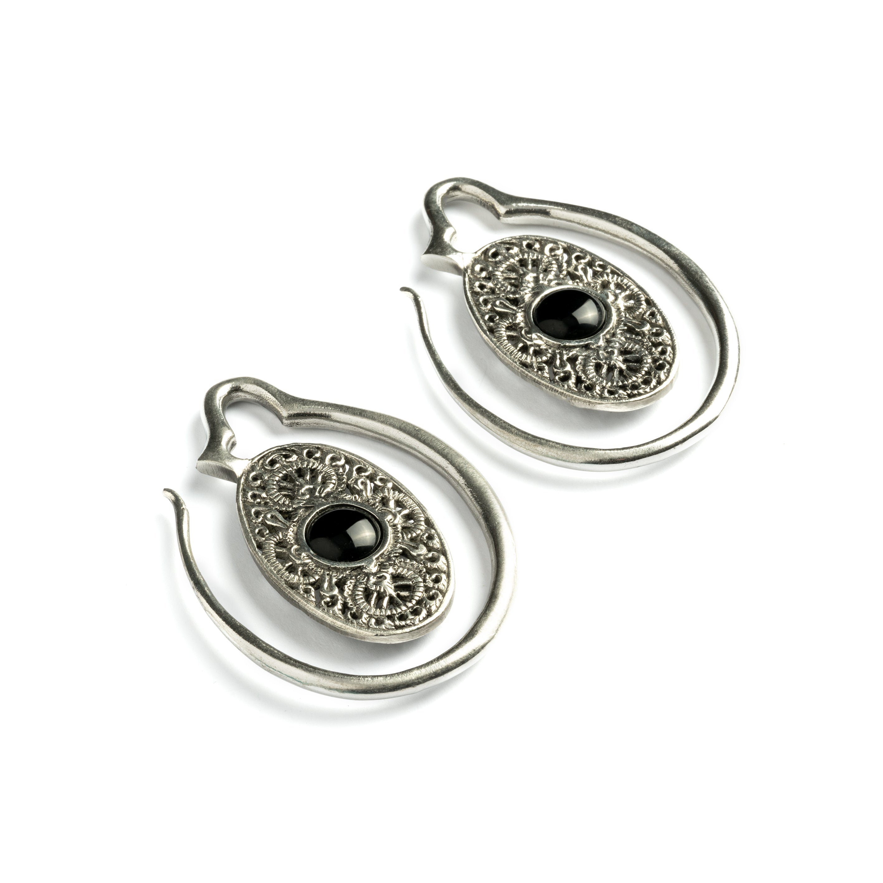 large ear weights hangers, silver colour oval shaped with intricate filigree pattern an black onyx