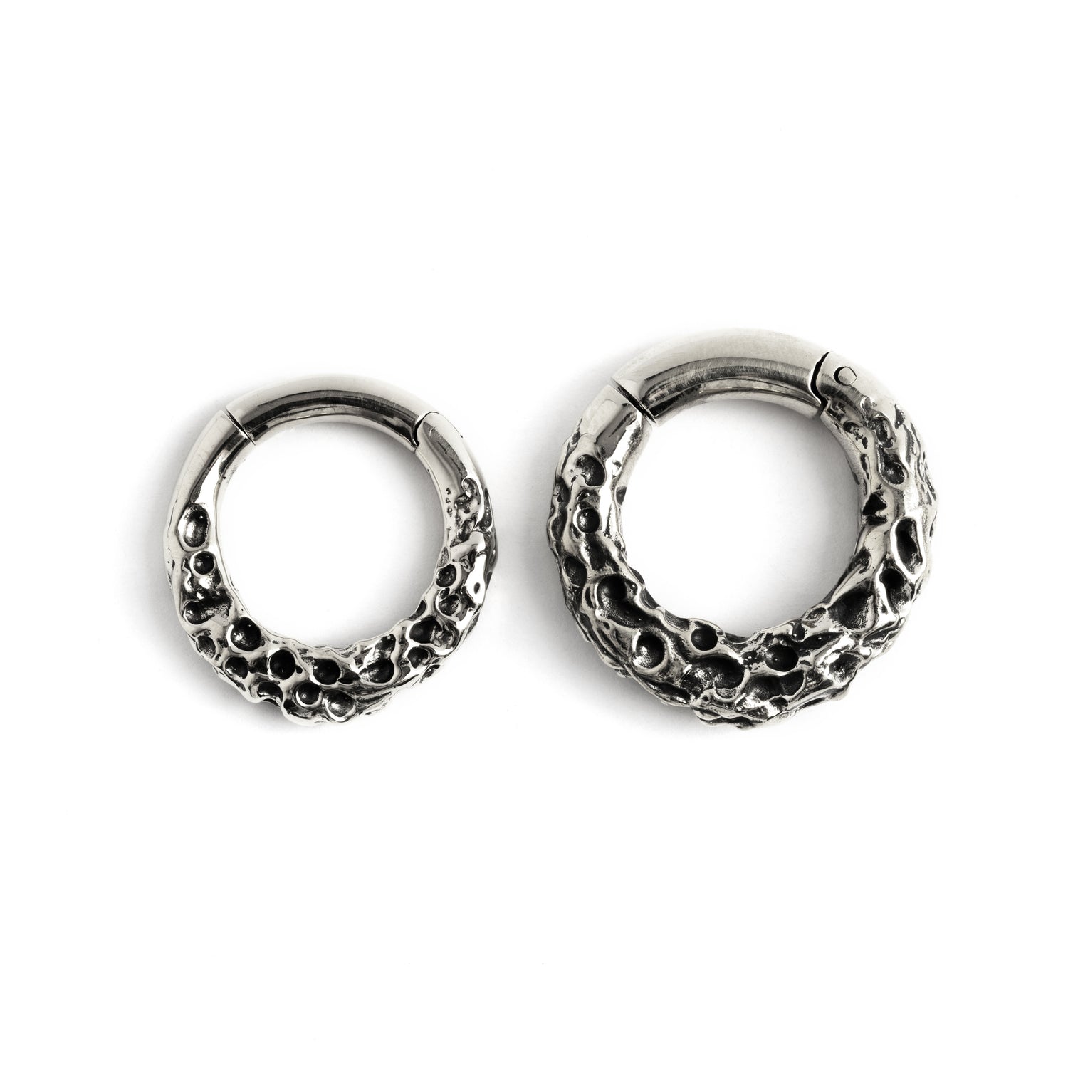 4mm & 6mm silver brass hoop hangers with rocky texture frontal view