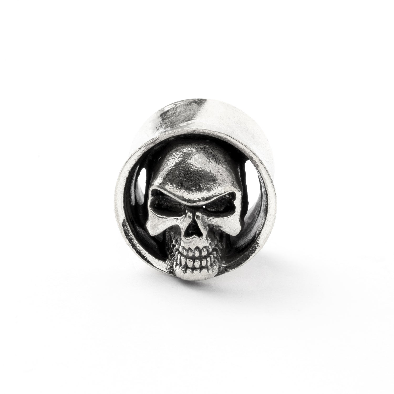 White brass skull ear plug frontal view