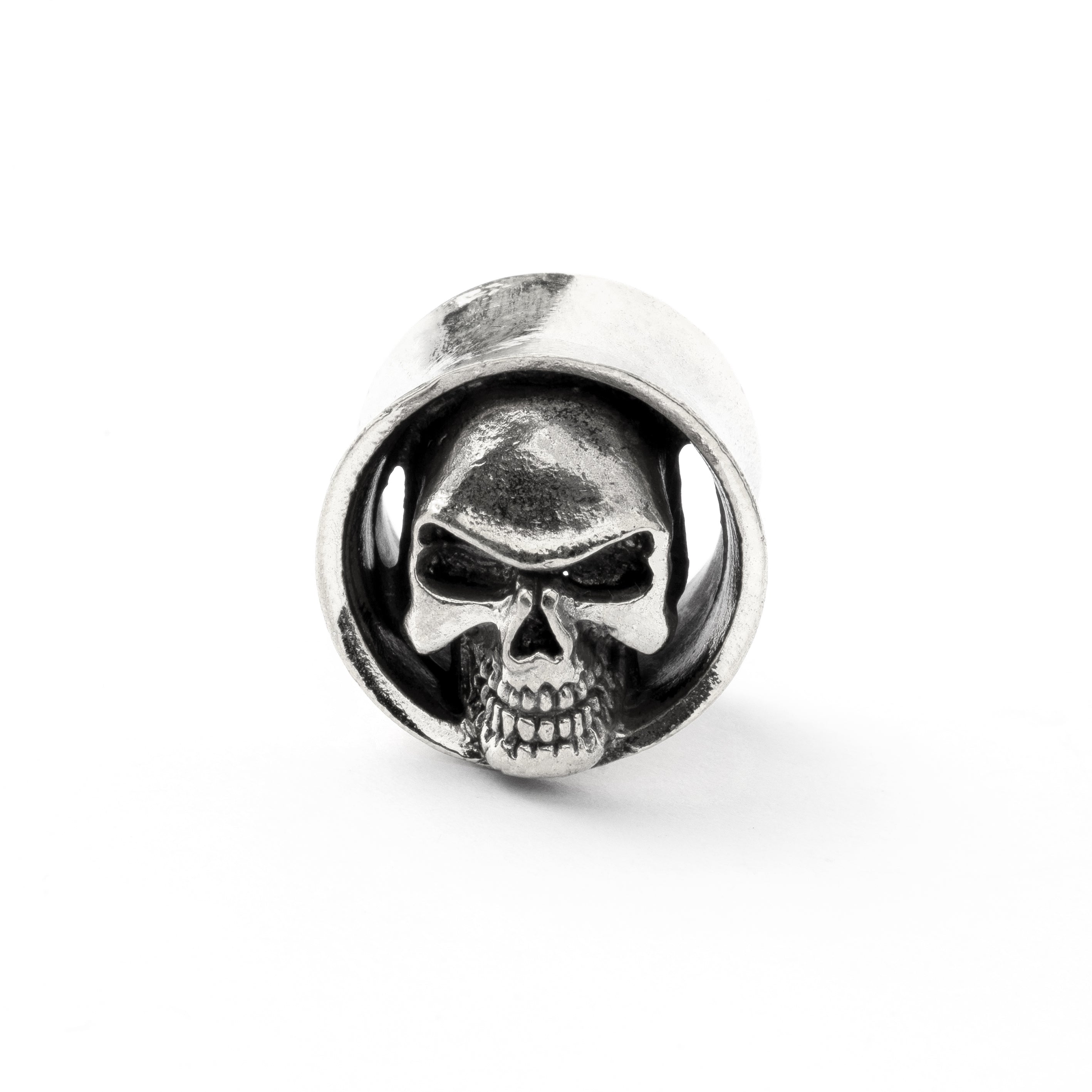White brass skull ear plug frontal view