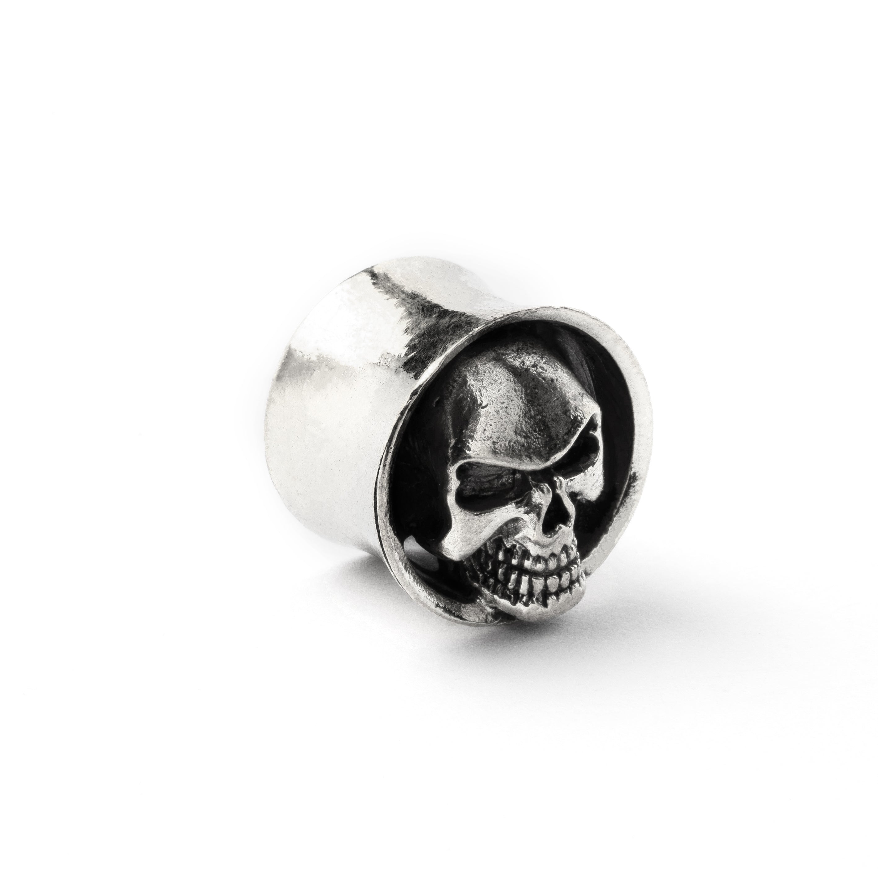 White brass skull ear plug right side view