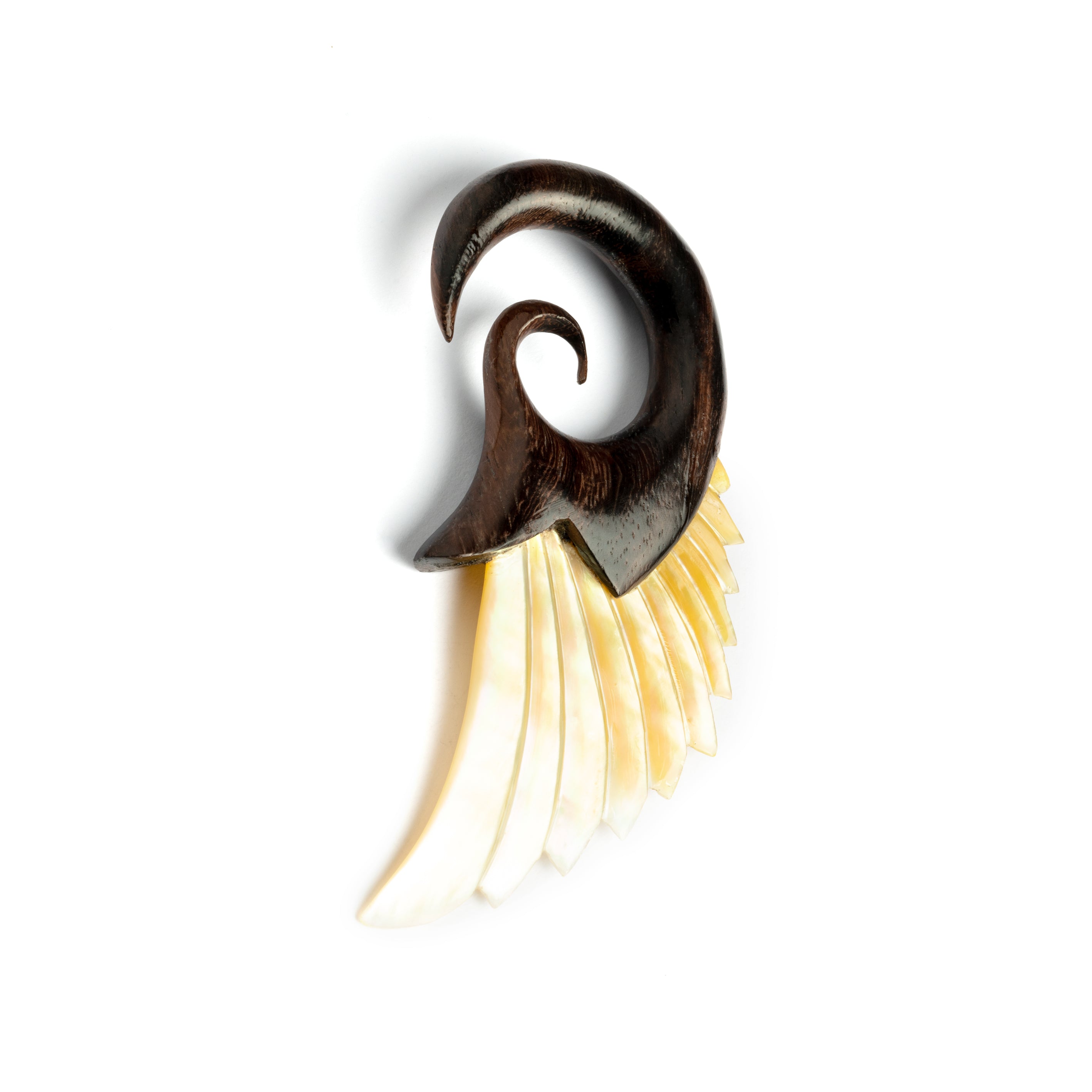 wood ear hanger with mother of pearl wing shaped front rught view