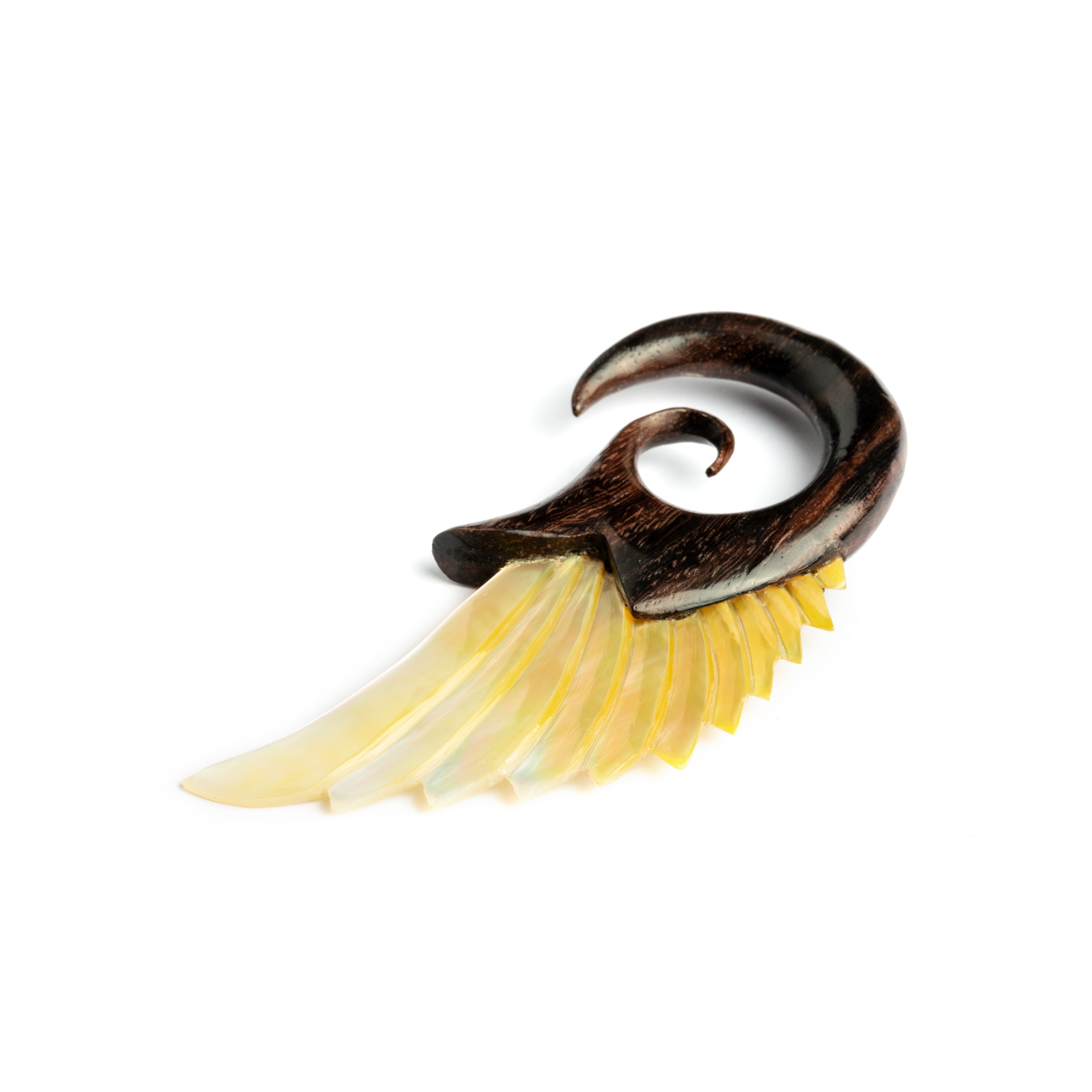 wood ear hanger with mother of pearl wing shaped right side view