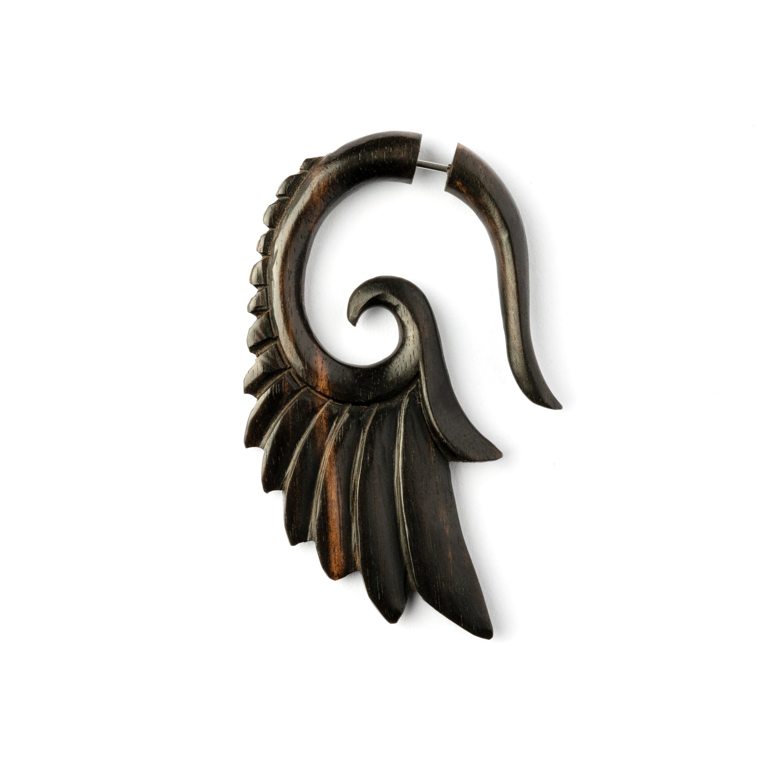 single wood wing shaped earring side view