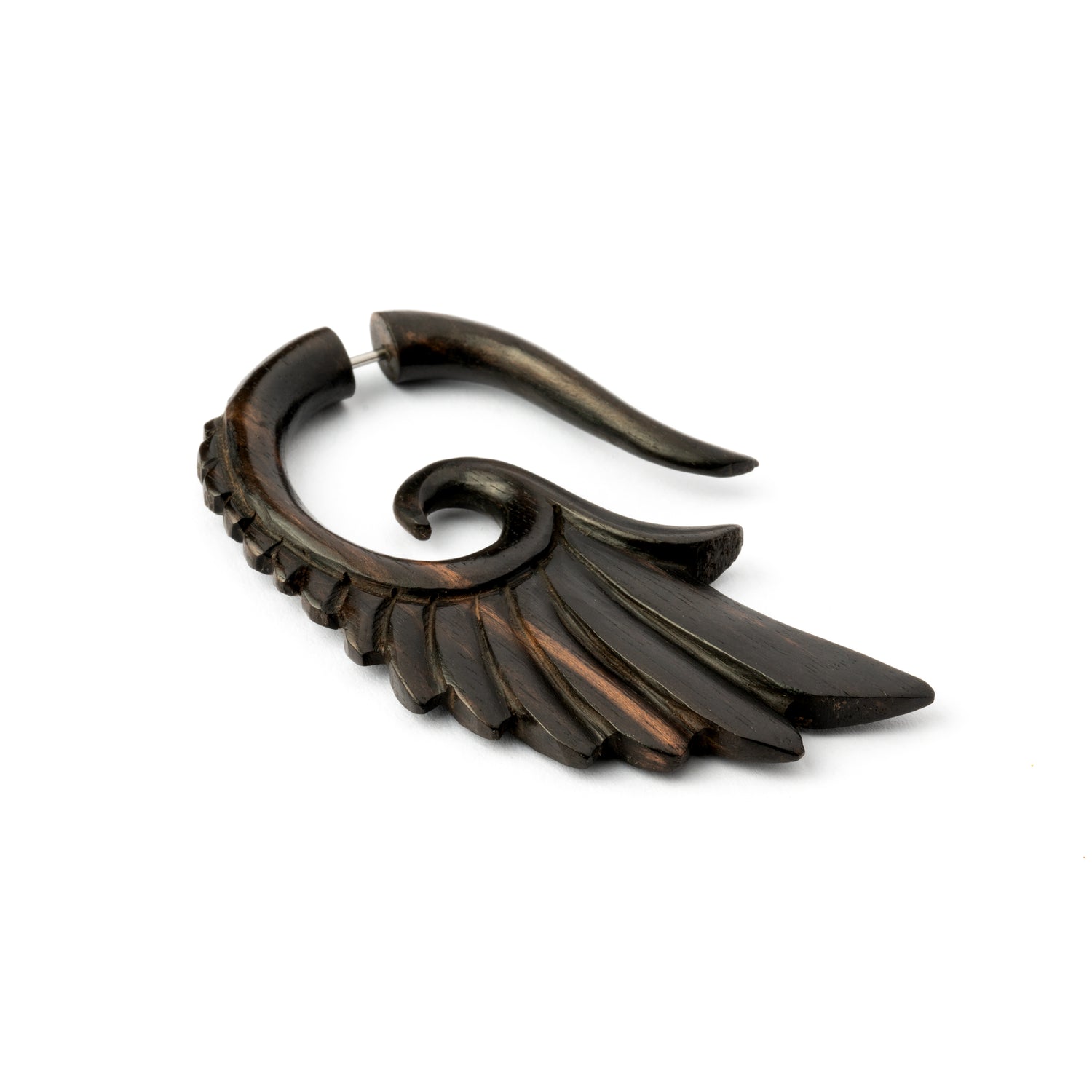 single wood wing shaped earring back side view