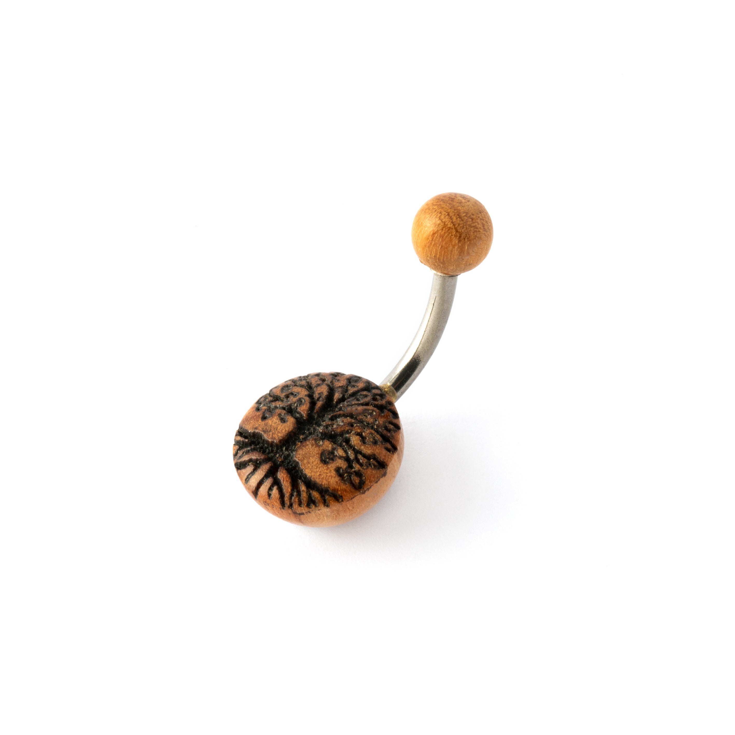 surgical steel bar with wooden disc and etched tree of life navel piercing and a wooden beed closure down view