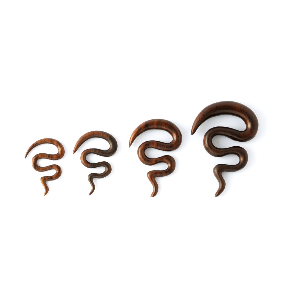 different sizes of serpentine wood hook ear stretchers frontal view