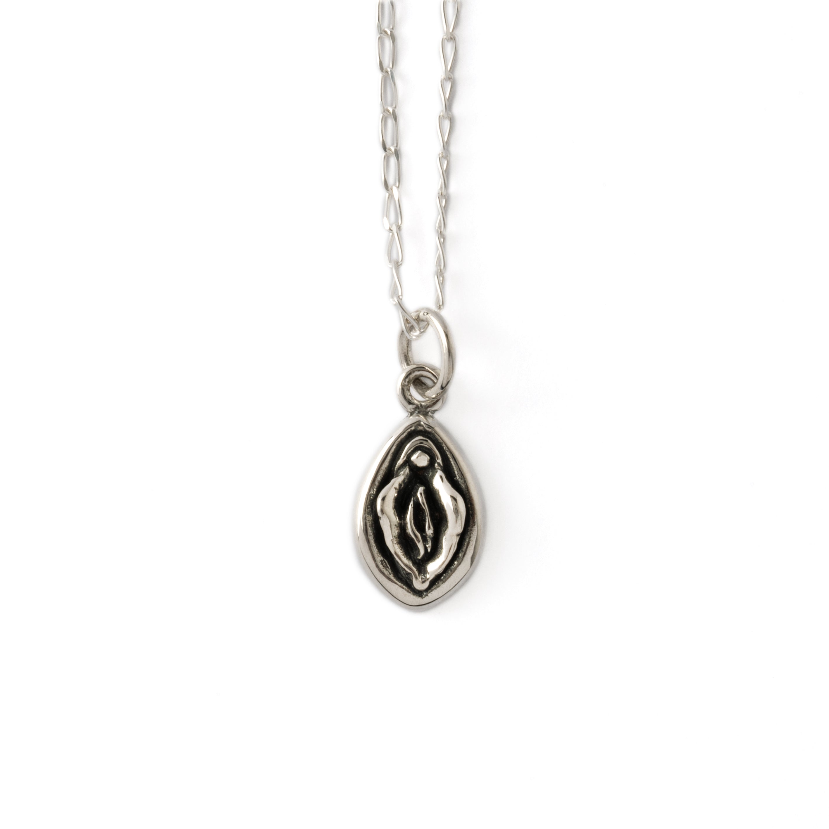 silver Yoni charm necklace frontal view