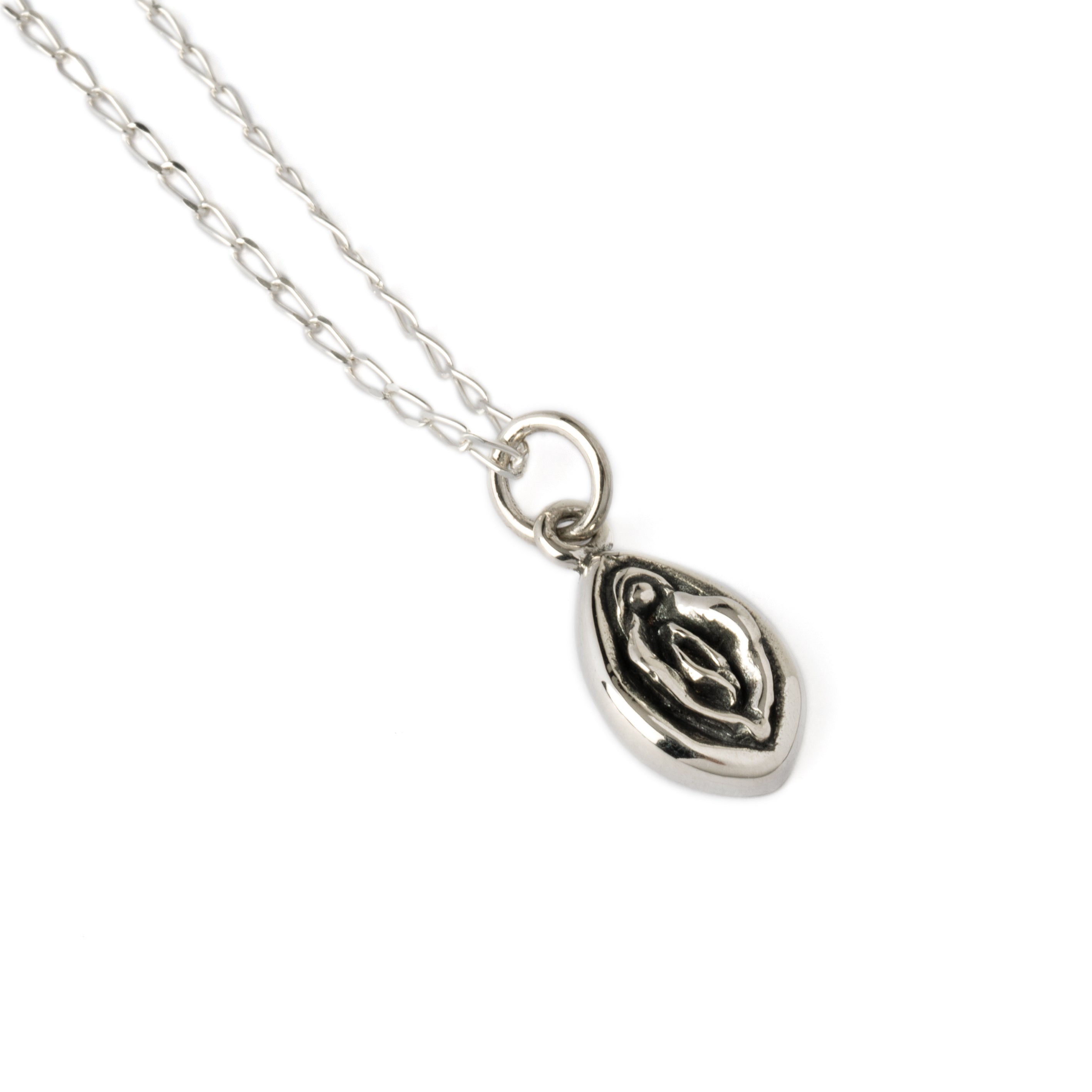 silver Yoni charm necklace right side view