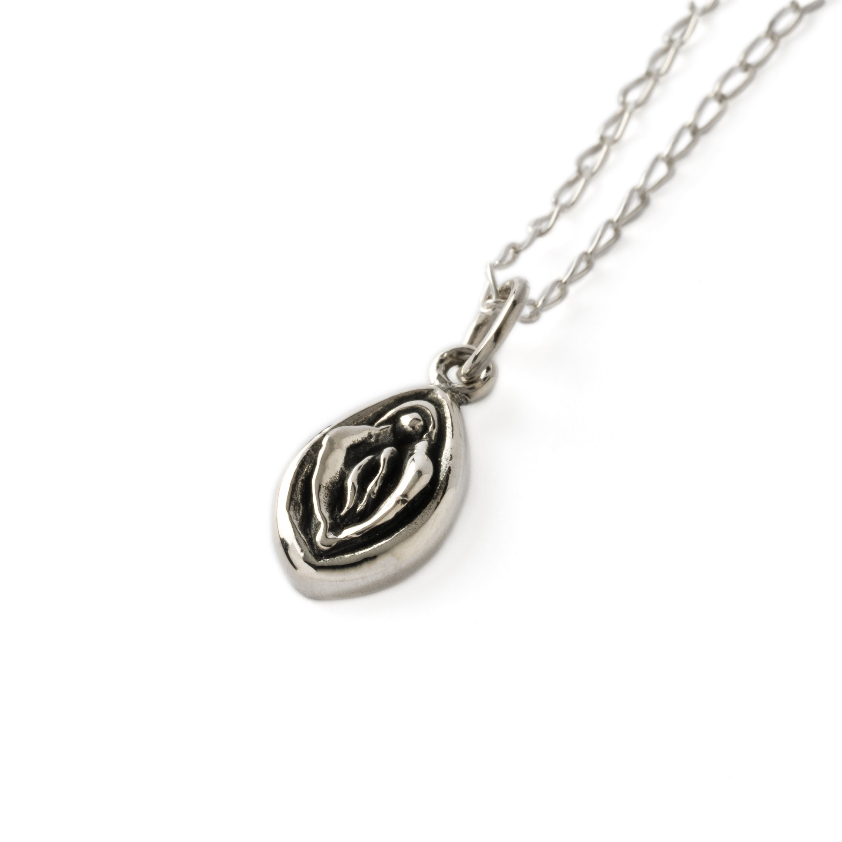 silver Yoni charm necklace left side view