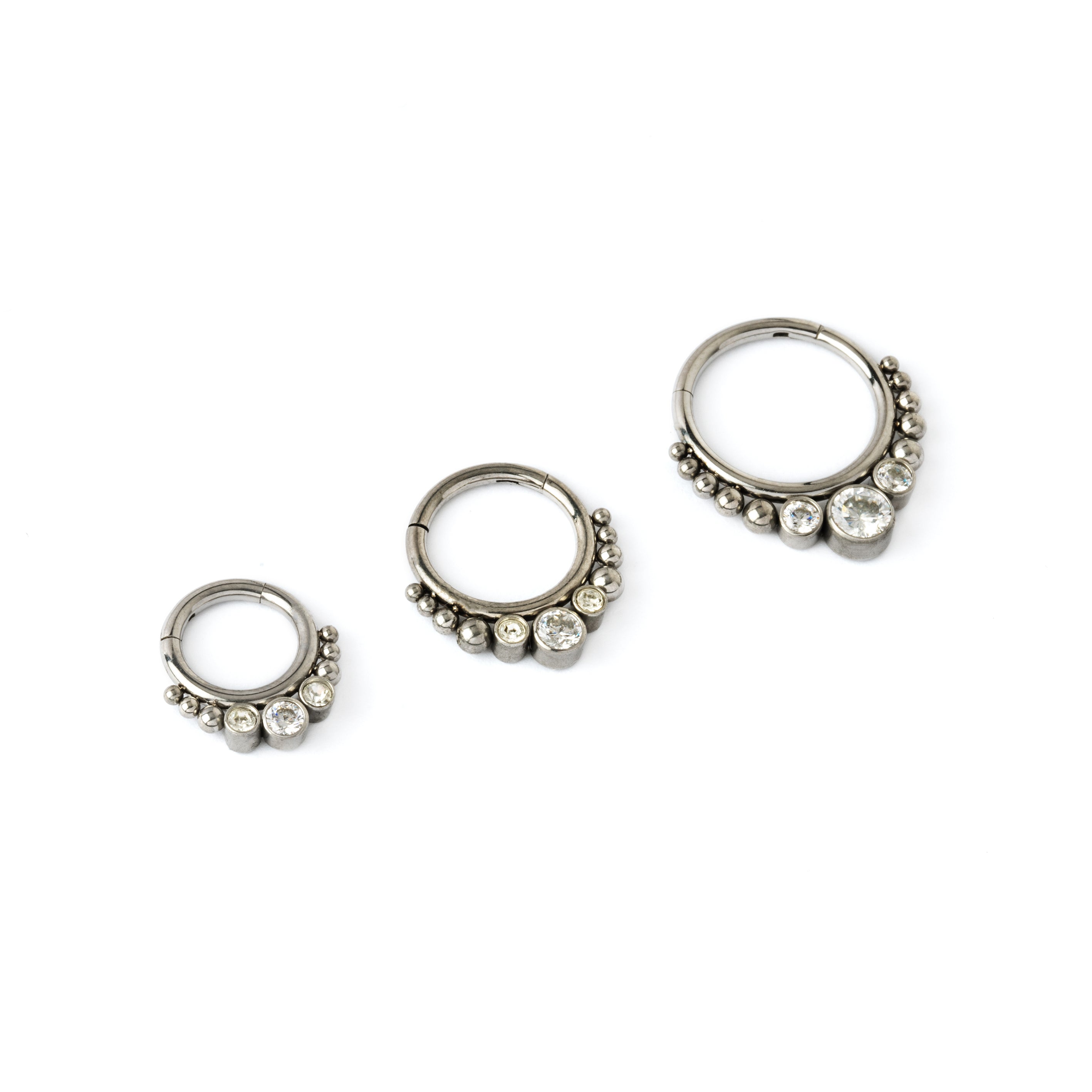 6mm, 8mm & 10mm Surgical steel septum clicker rings with zirconia side view
