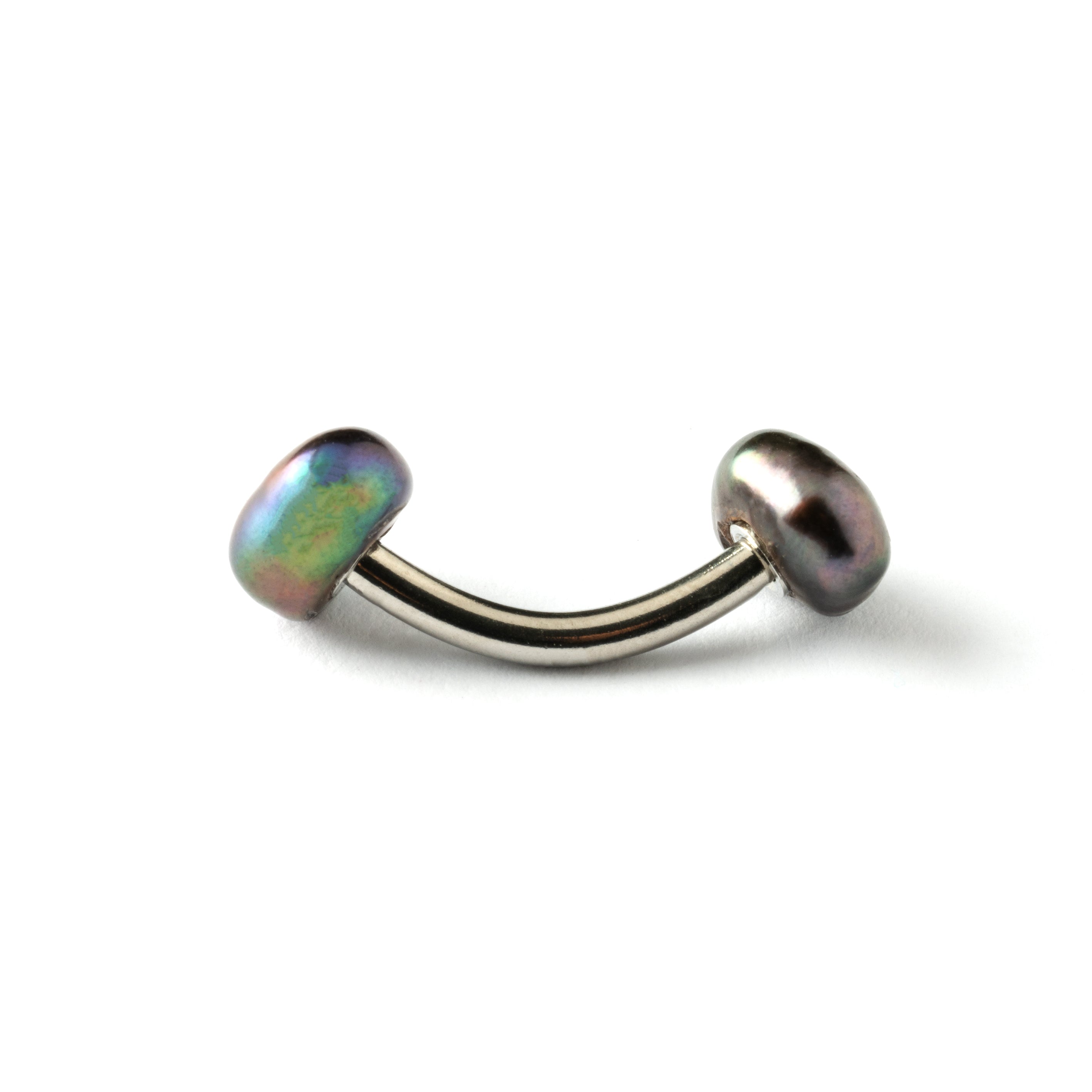 curved surgical steel navel bar with two black pearls, one at the top and one at the bottom