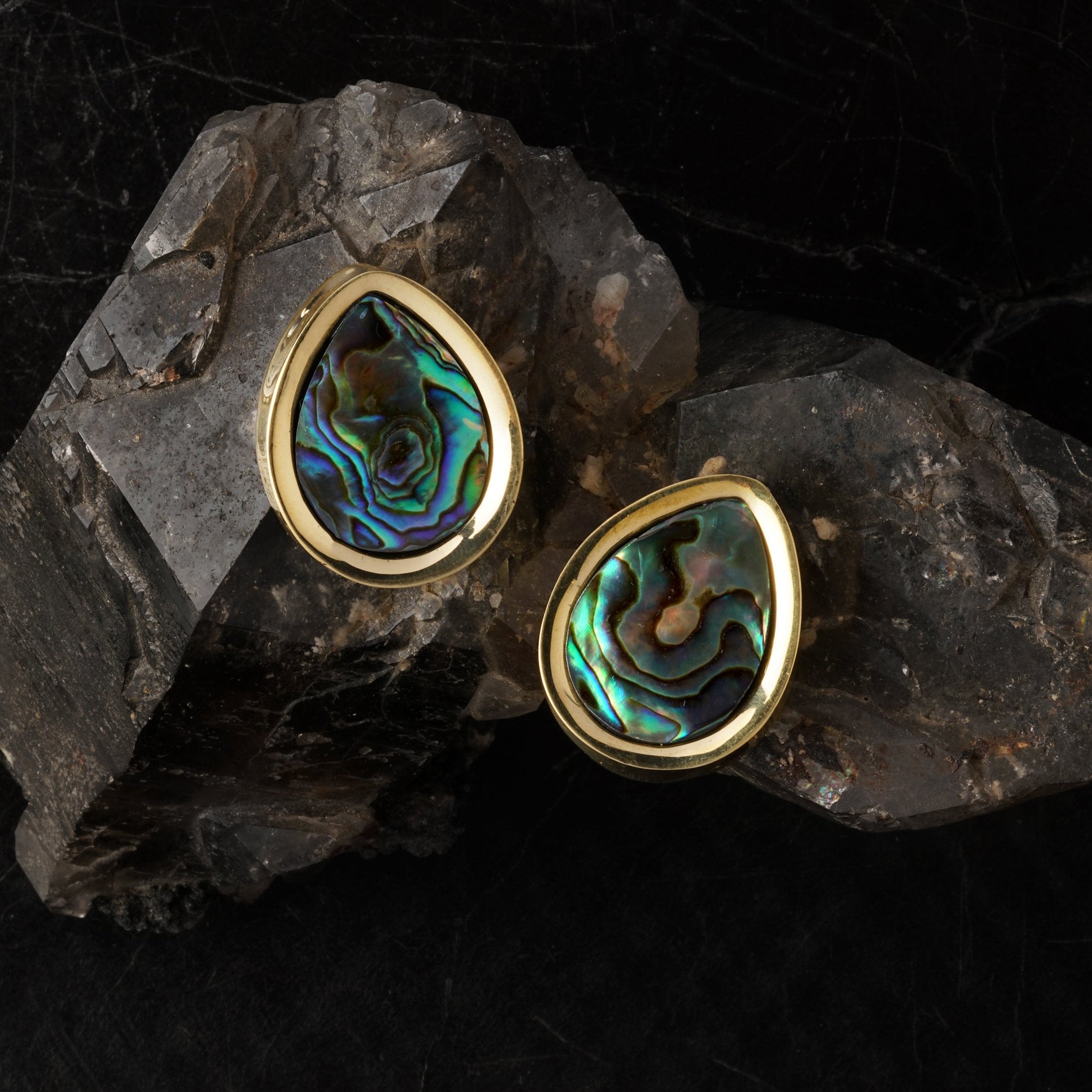 pair of Golden teardrop ear plugs with Abalone shell