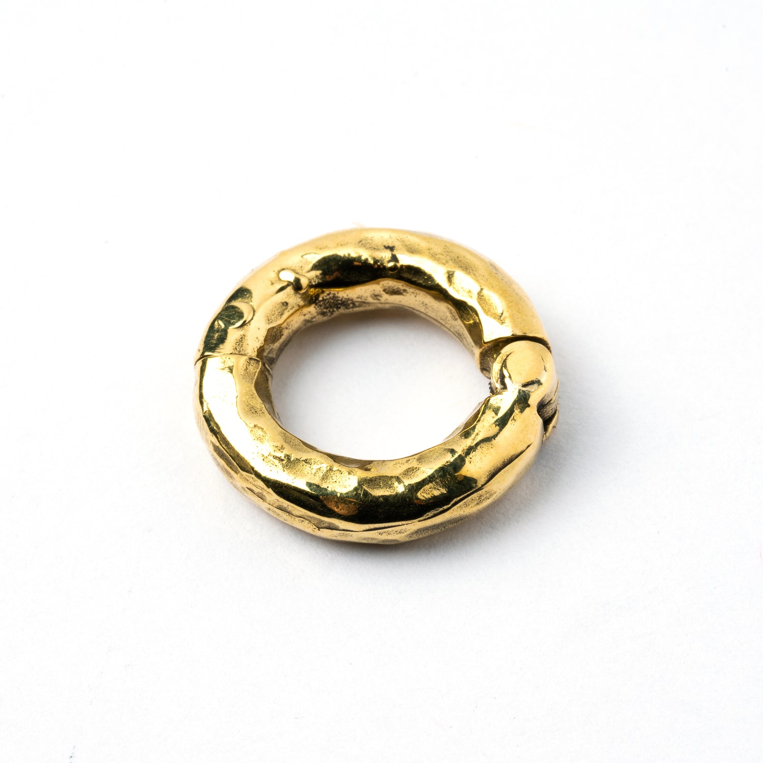 single gold brass hammered gauge hoop frontal side view