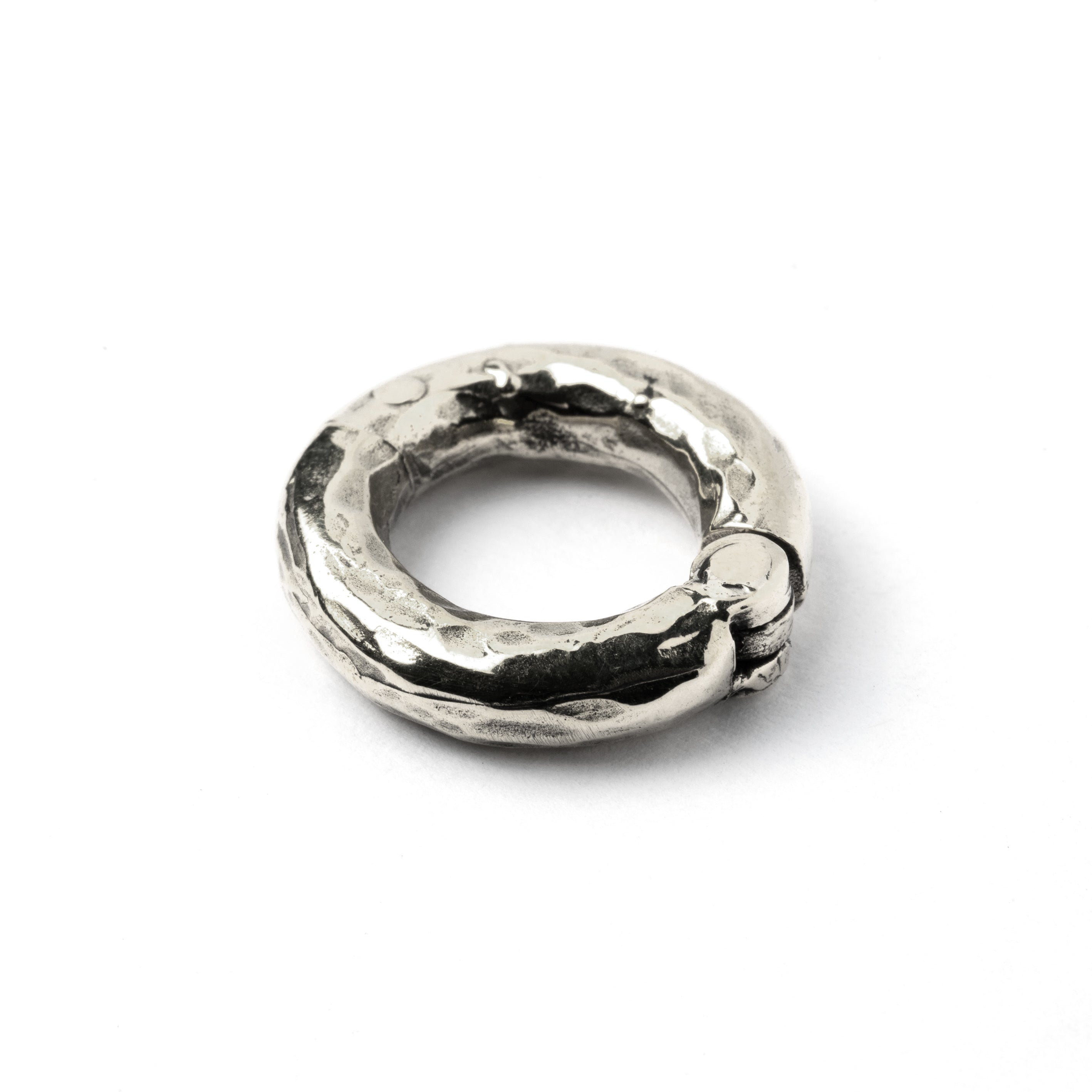 single silver hammered gauge hoop close up view